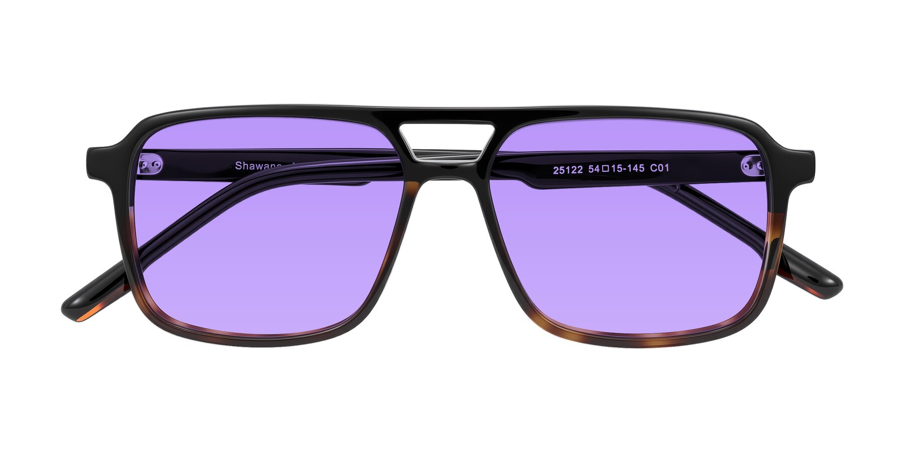 Folded Front of Shawano in Black/Tortoise with Medium Purple Tinted Lenses