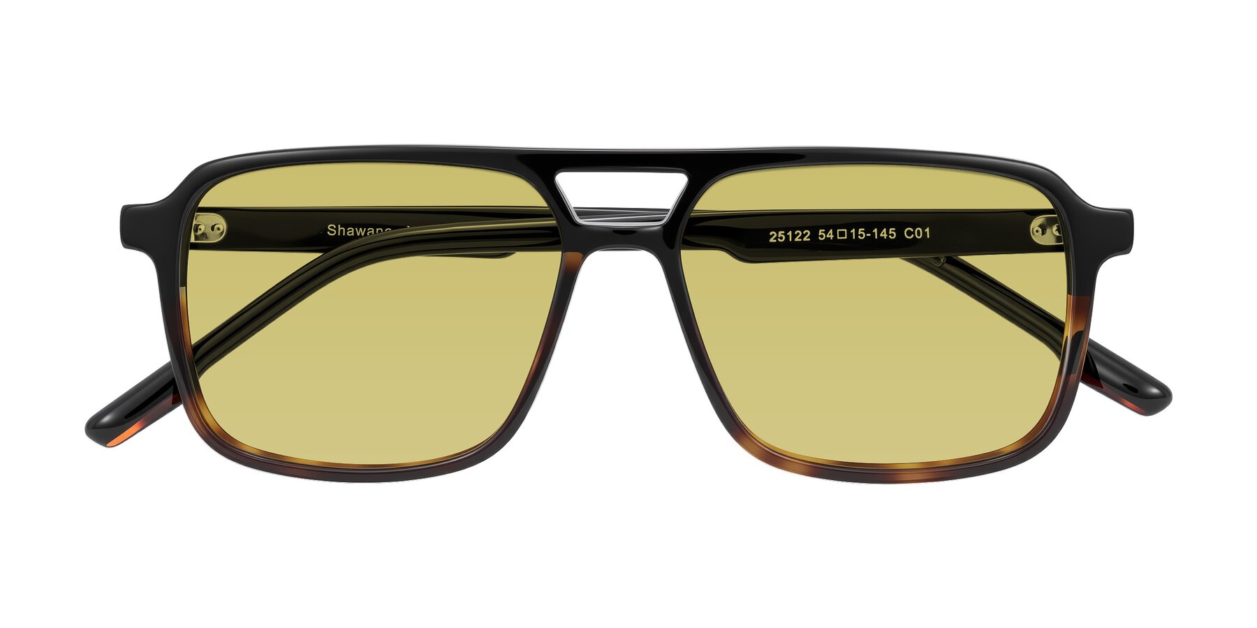 Folded Front of Shawano in Black/Tortoise with Medium Champagne Tinted Lenses