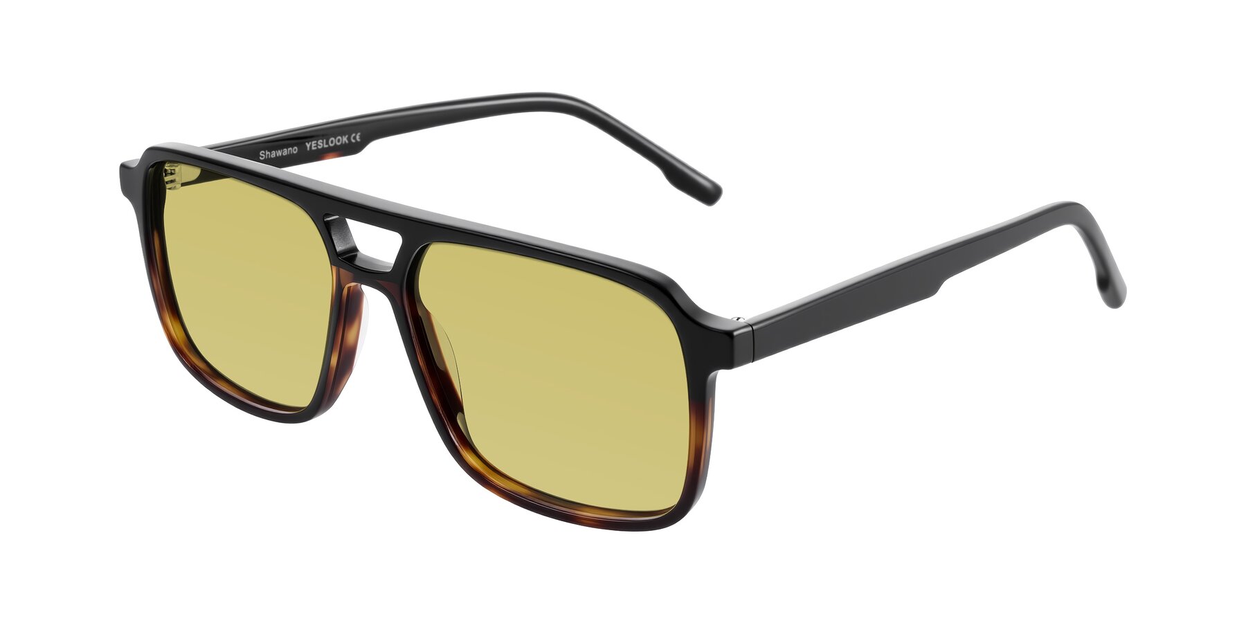 Angle of Shawano in Black/Tortoise with Medium Champagne Tinted Lenses