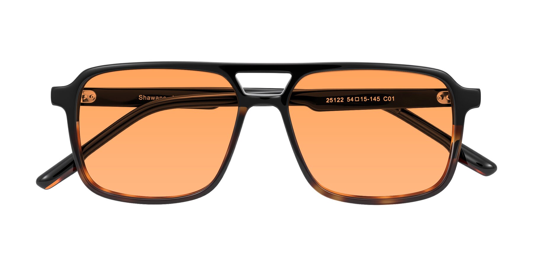 Folded Front of Shawano in Black/Tortoise with Medium Orange Tinted Lenses