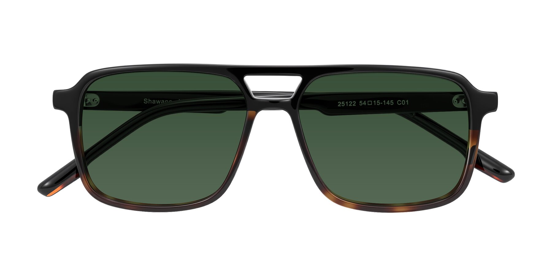 Folded Front of Shawano in Black/Tortoise with Green Tinted Lenses