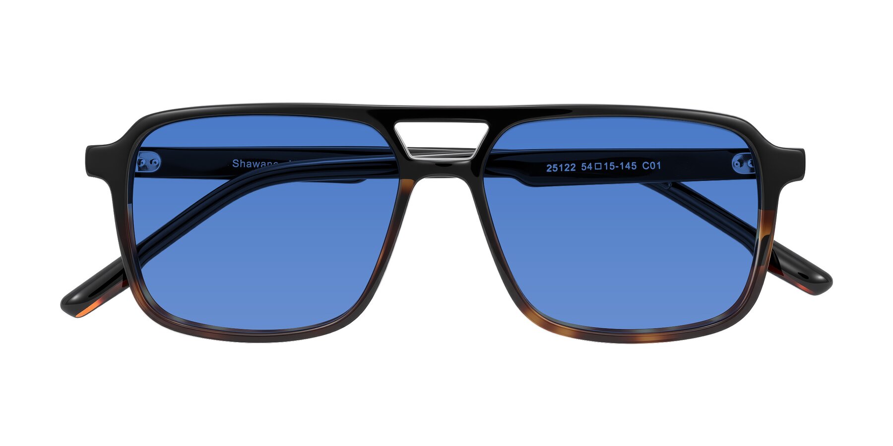 Folded Front of Shawano in Black/Tortoise with Blue Tinted Lenses