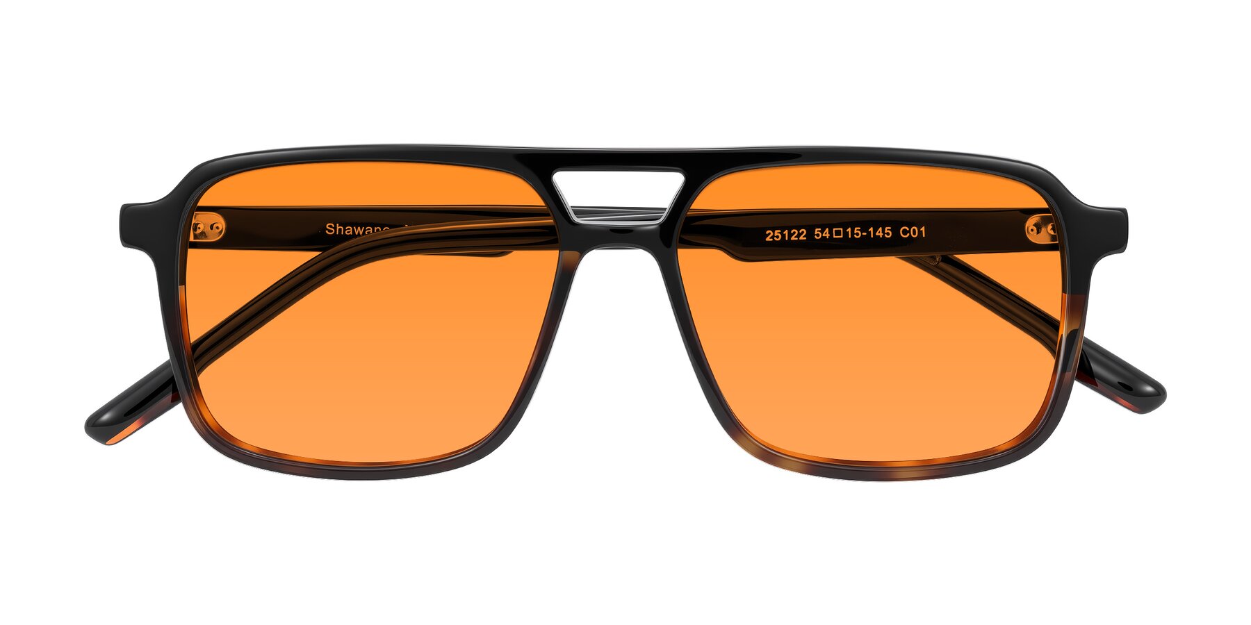 Folded Front of Shawano in Black/Tortoise with Orange Tinted Lenses