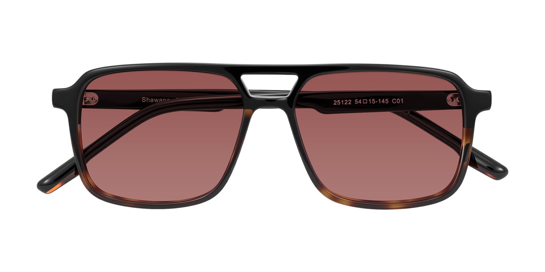 Folded Front of Shawano in Black/Tortoise with Garnet Tinted Lenses