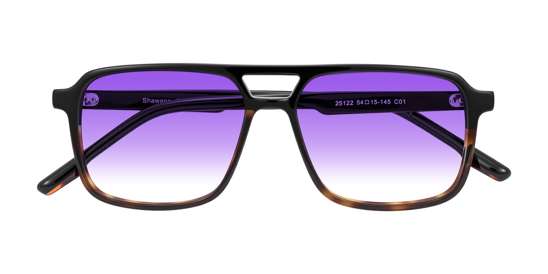 Folded Front of Shawano in Black/Tortoise with Purple Gradient Lenses