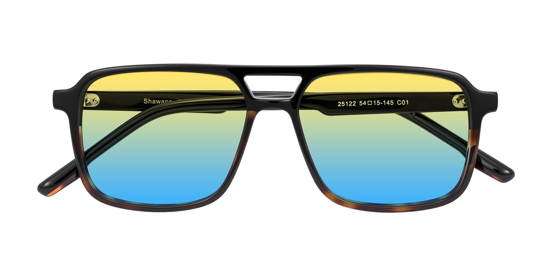 Folded Front of Shawano in Black/Tortoise with Yellow / Blue Gradient Lenses
