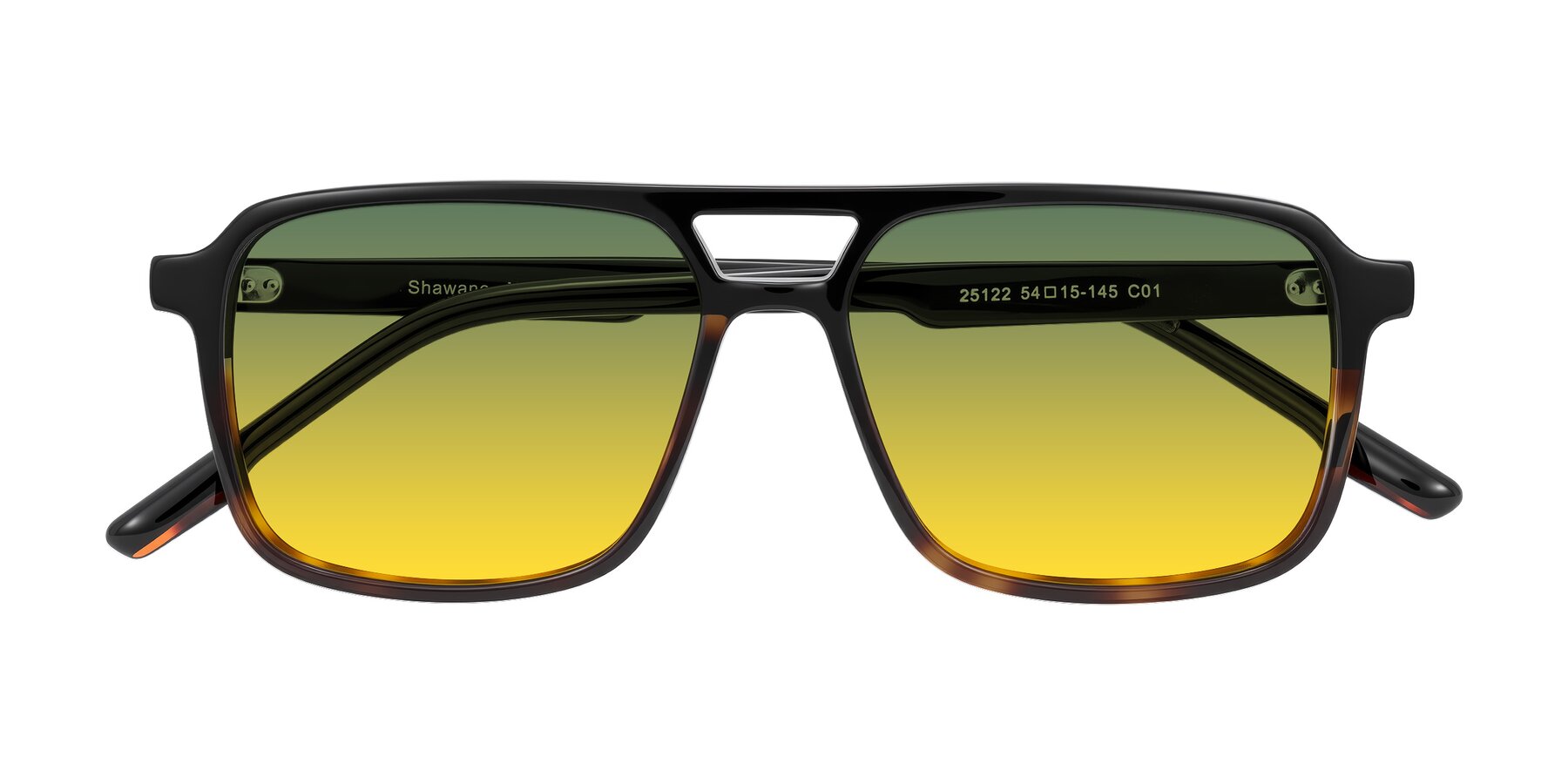 Folded Front of Shawano in Black/Tortoise with Green / Yellow Gradient Lenses