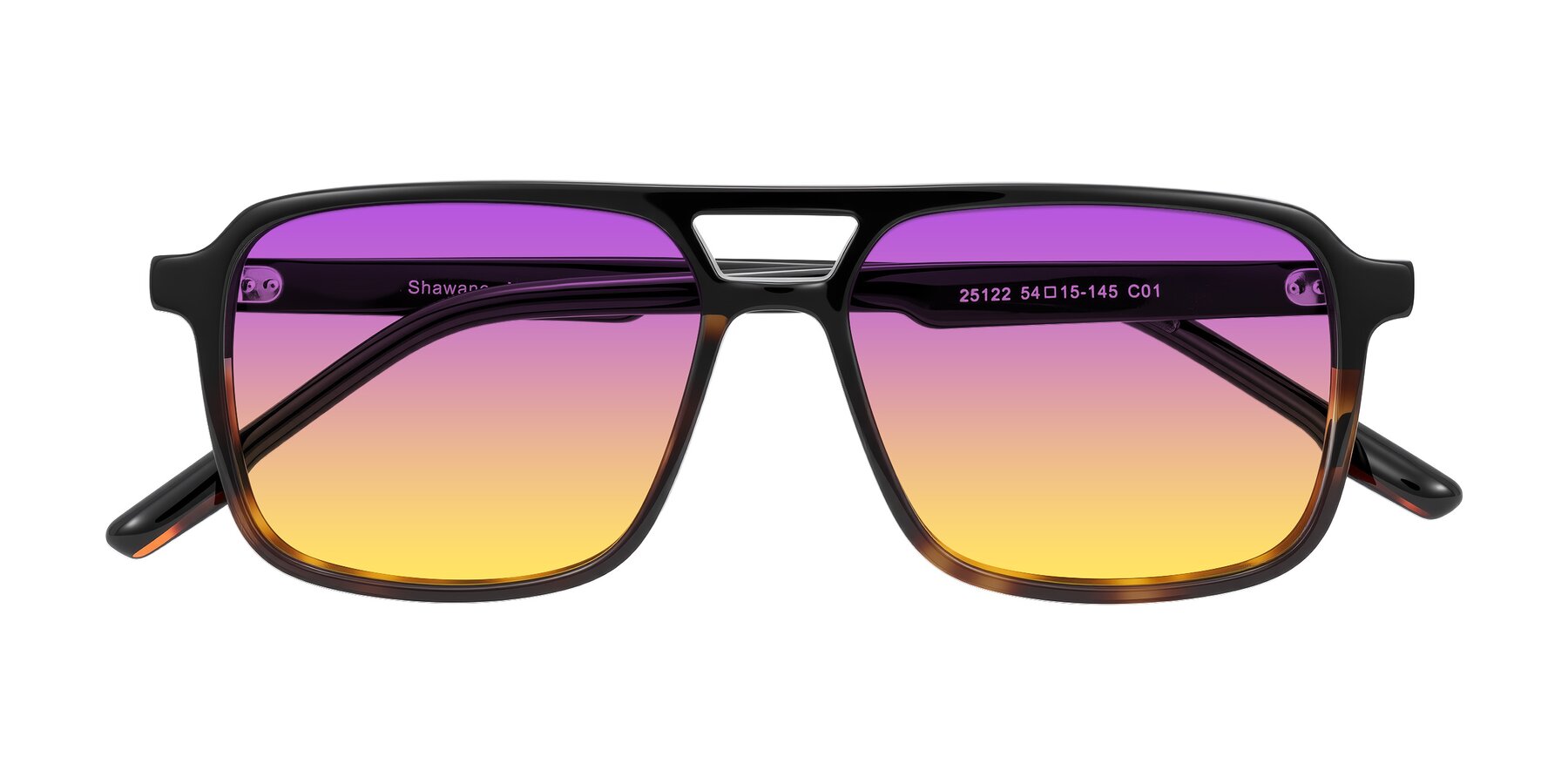 Folded Front of Shawano in Black/Tortoise with Purple / Yellow Gradient Lenses
