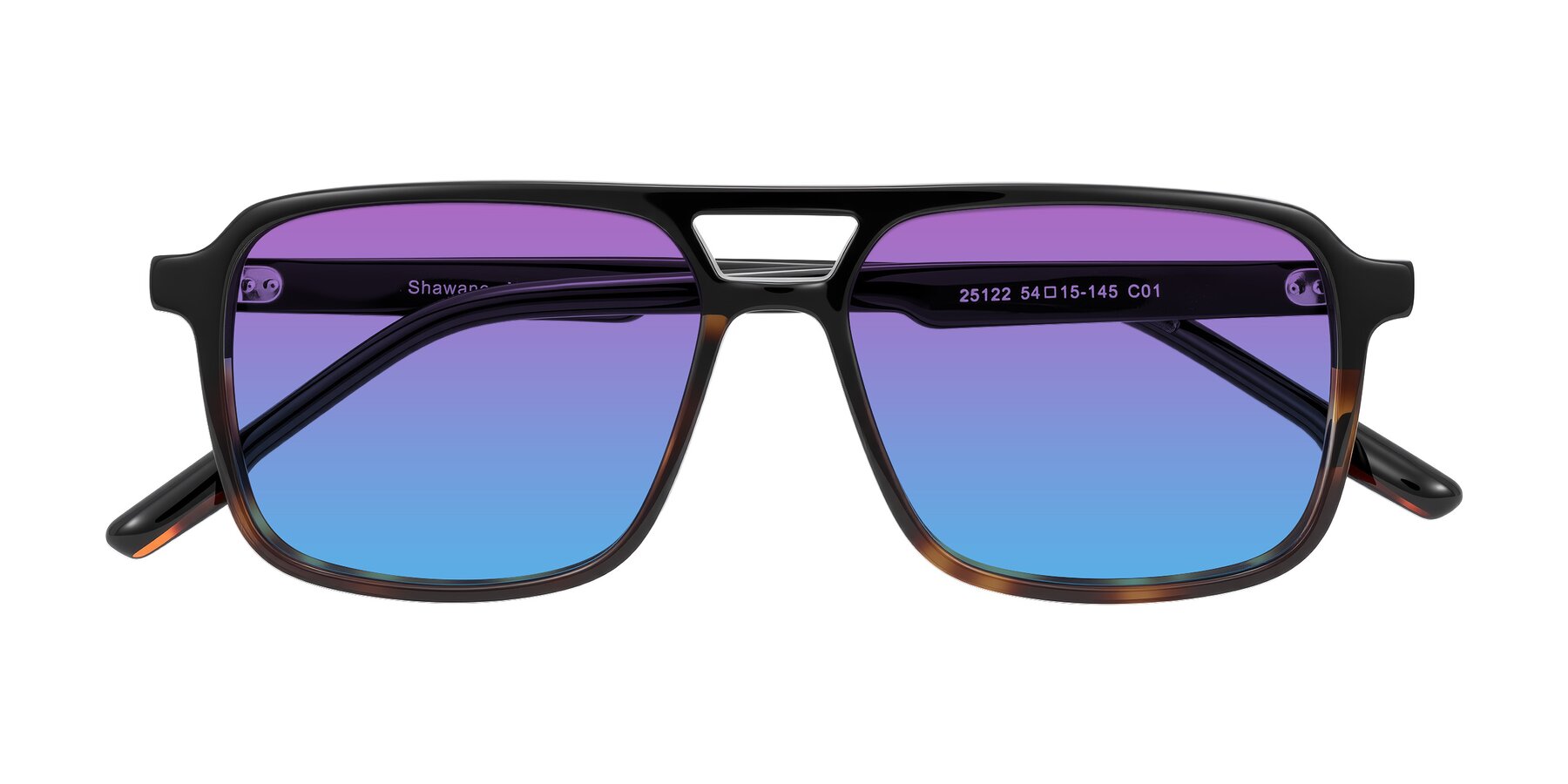 Folded Front of Shawano in Black/Tortoise with Purple / Blue Gradient Lenses
