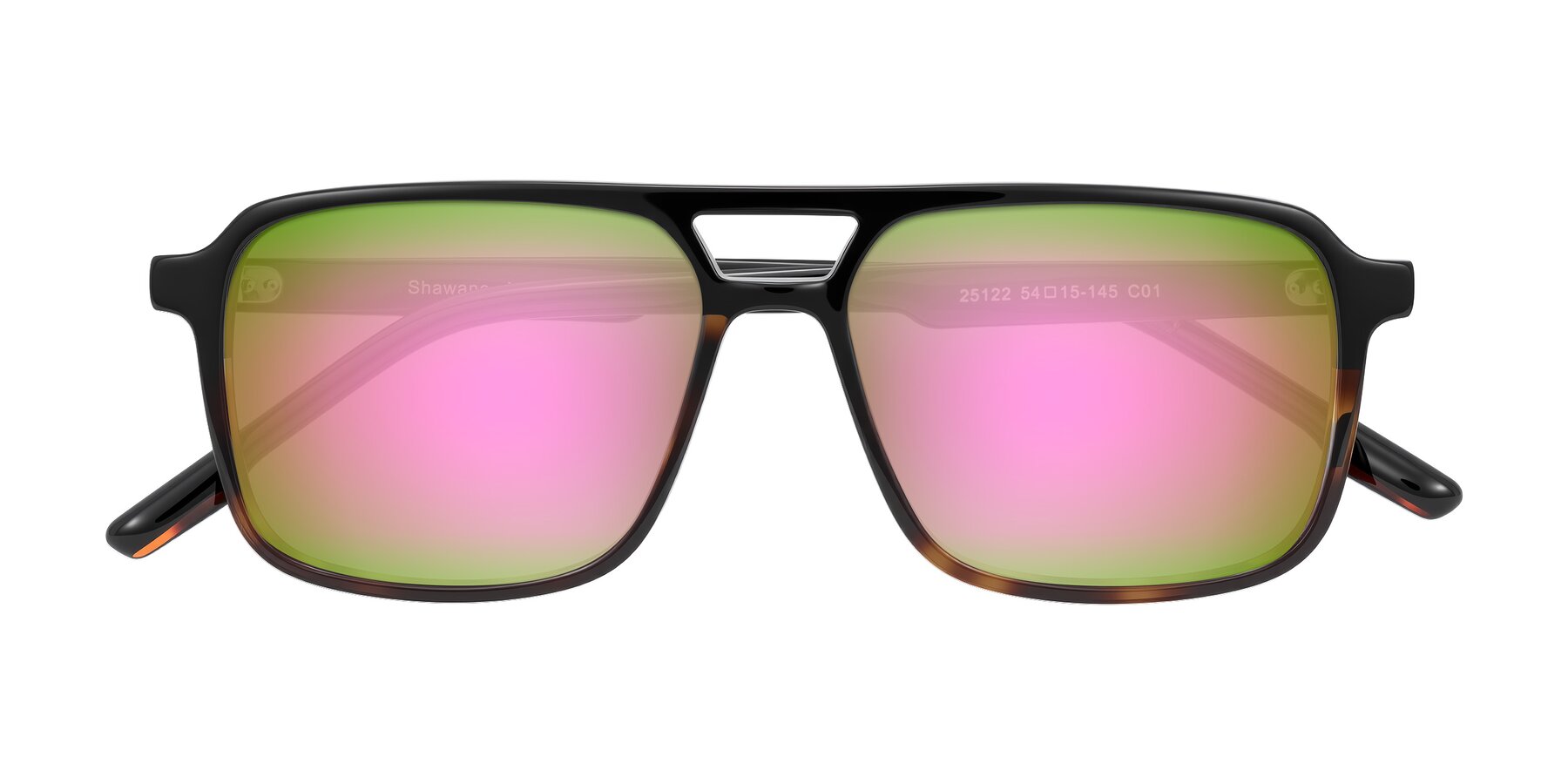 Folded Front of Shawano in Black/Tortoise with Pink Mirrored Lenses