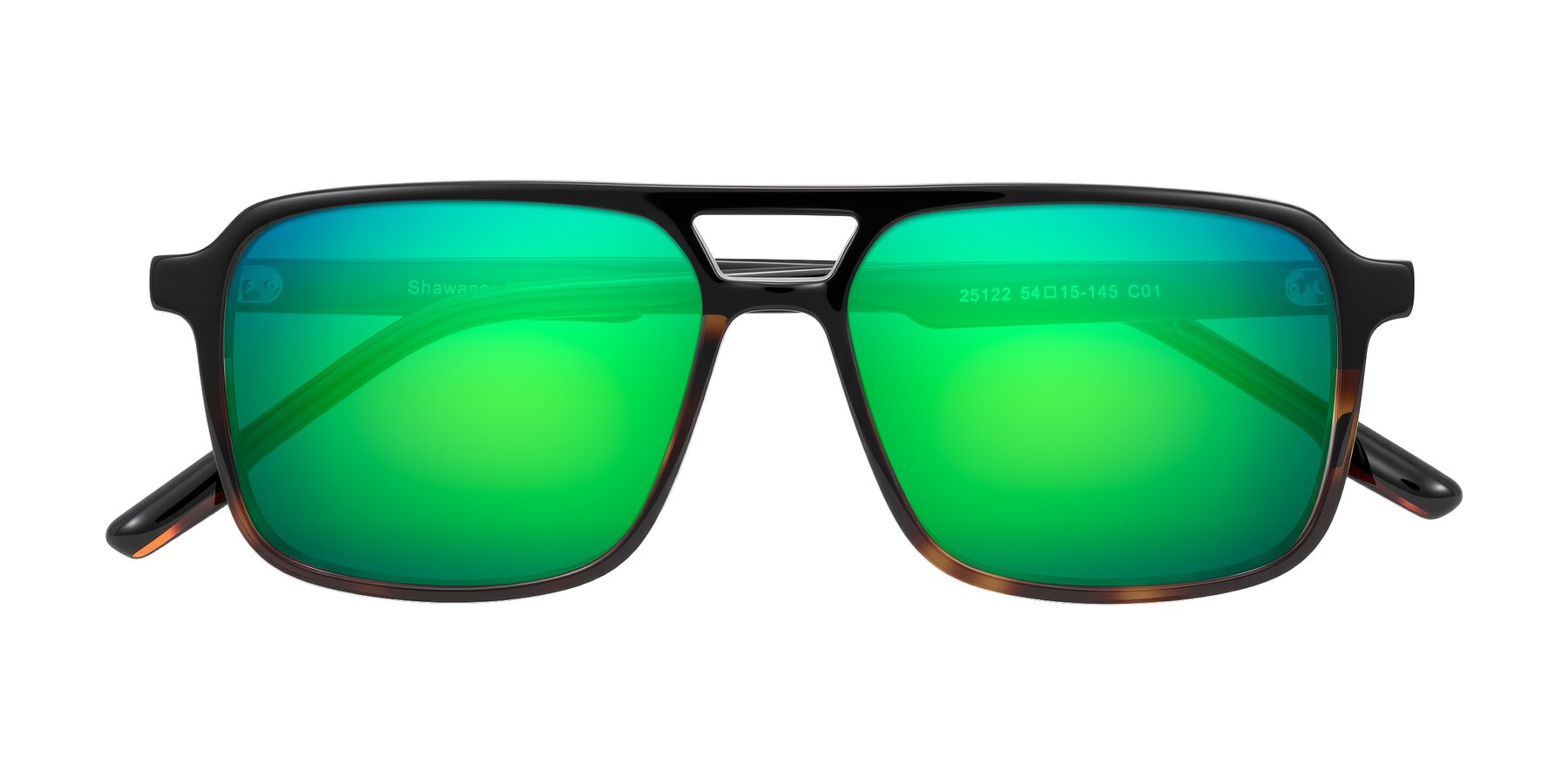 Folded Front of Shawano in Black/Tortoise with Green Mirrored Lenses