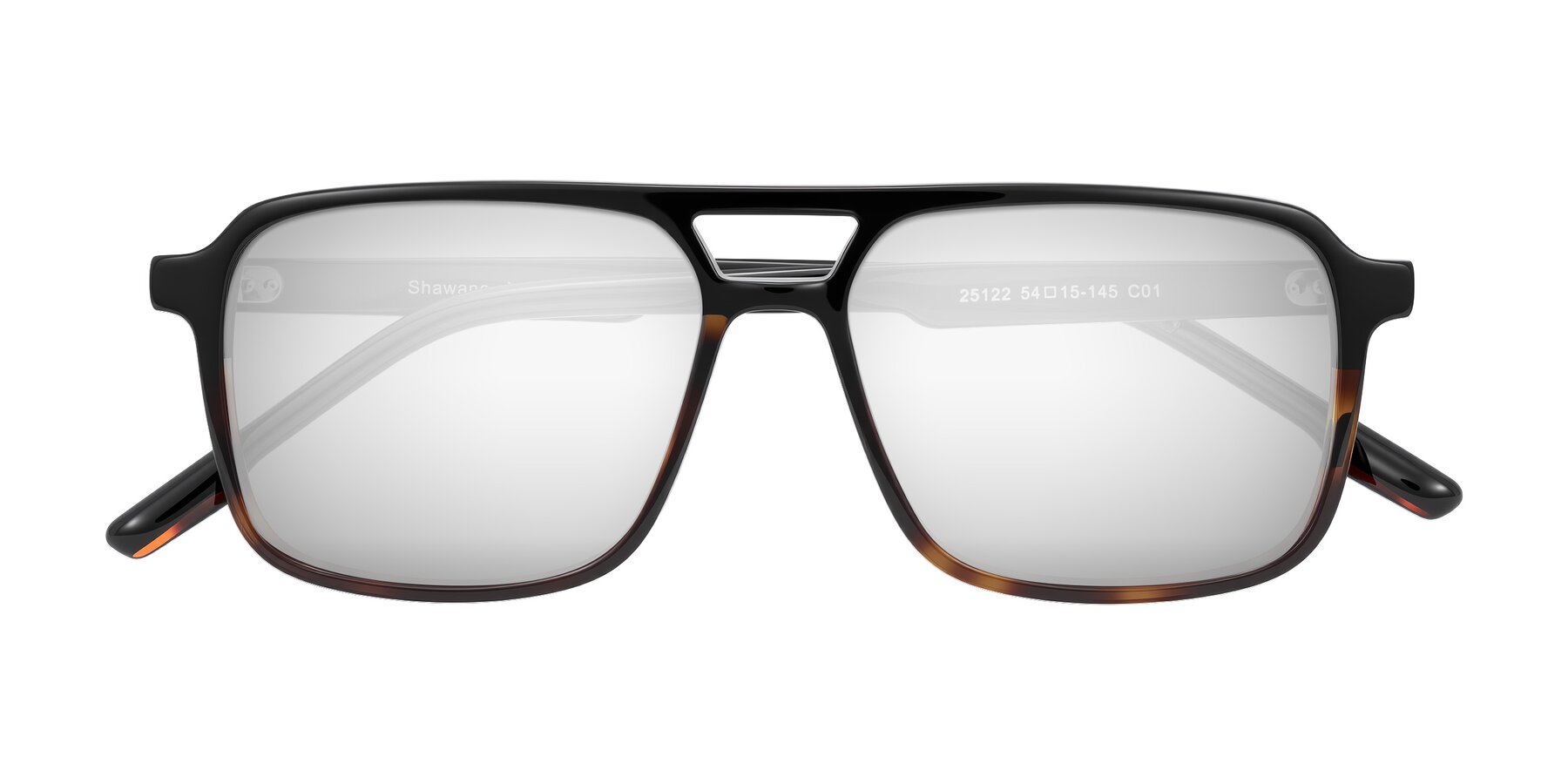 Folded Front of Shawano in Black/Tortoise with Silver Mirrored Lenses
