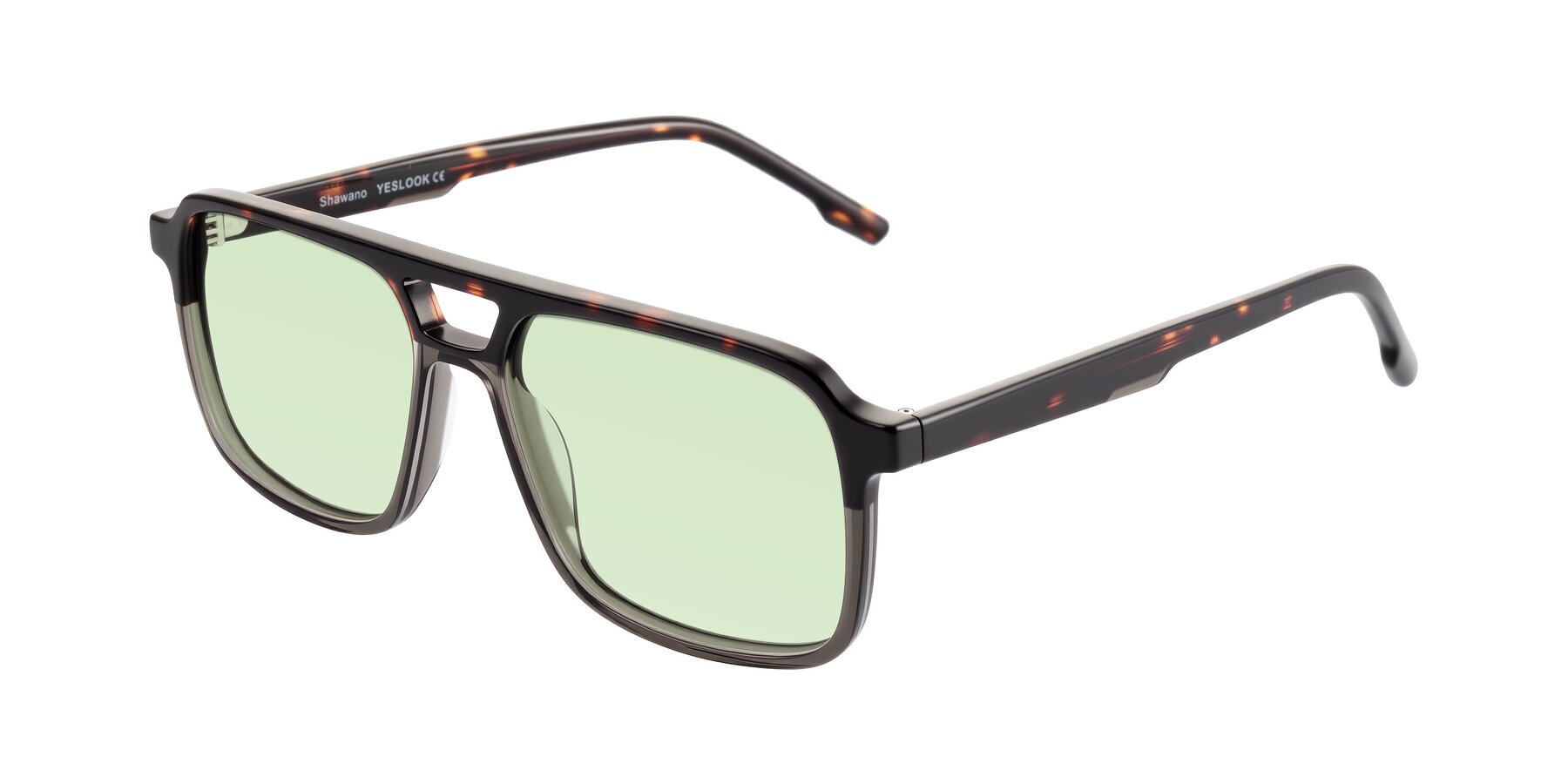 Angle of Shawano in Tortoise/Transparent Gray with Light Green Tinted Lenses