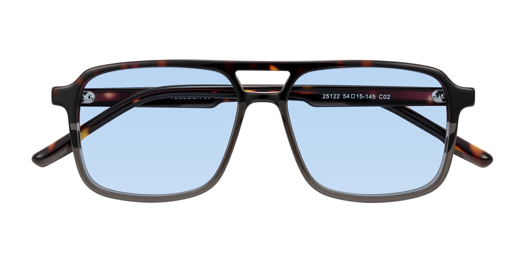 Folded Front of Shawano in Tortoise/Transparent Gray with Light Blue Tinted Lenses