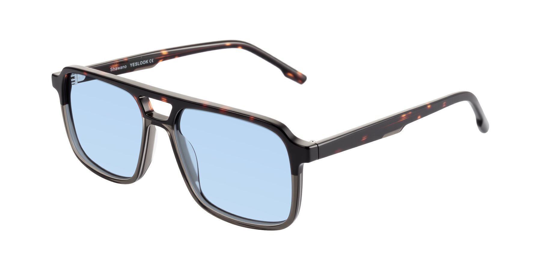 Angle of Shawano in Tortoise/Transparent Gray with Light Blue Tinted Lenses