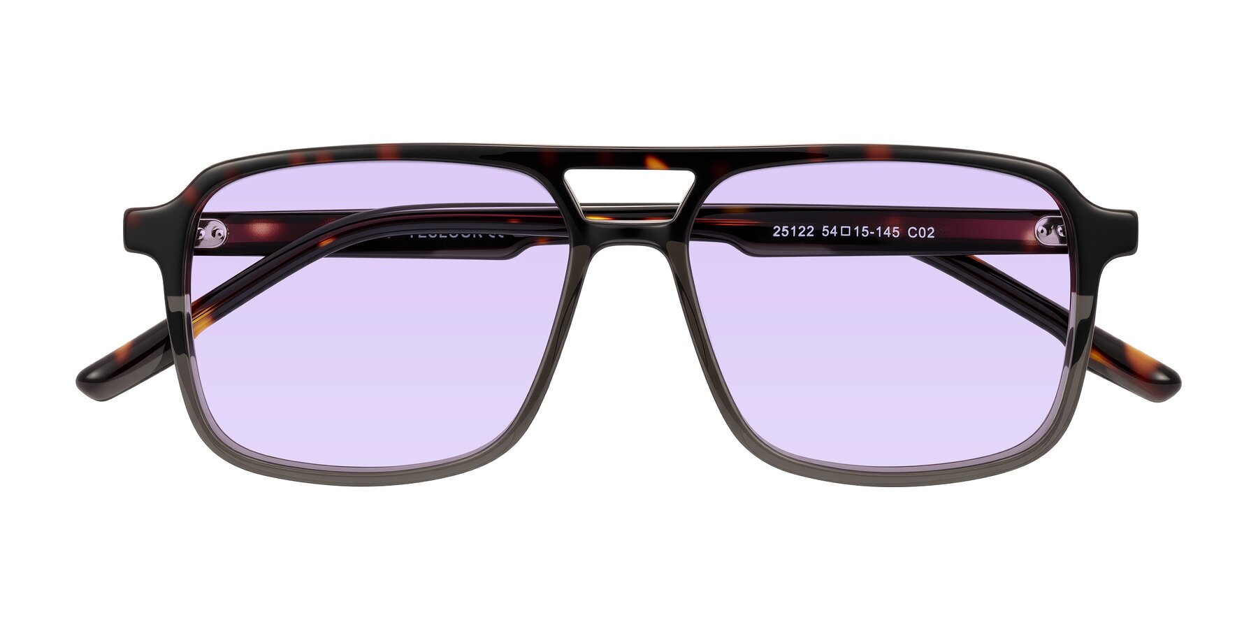 Folded Front of Shawano in Tortoise/Transparent Gray with Light Purple Tinted Lenses