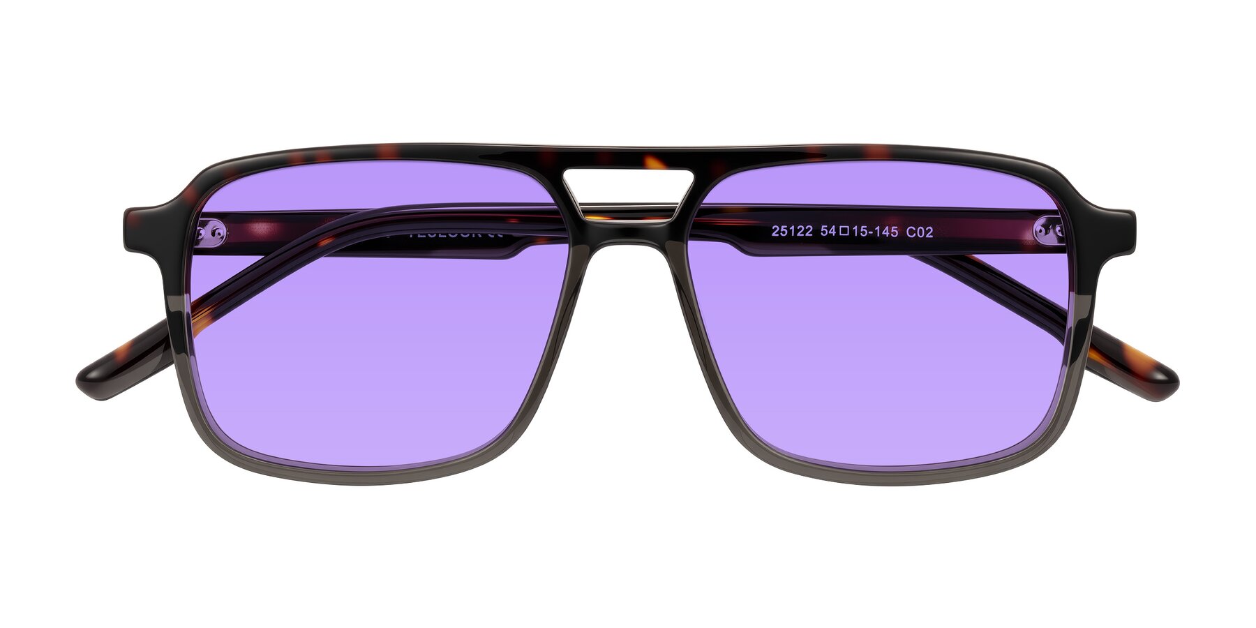Folded Front of Shawano in Tortoise/Transparent Gray with Medium Purple Tinted Lenses