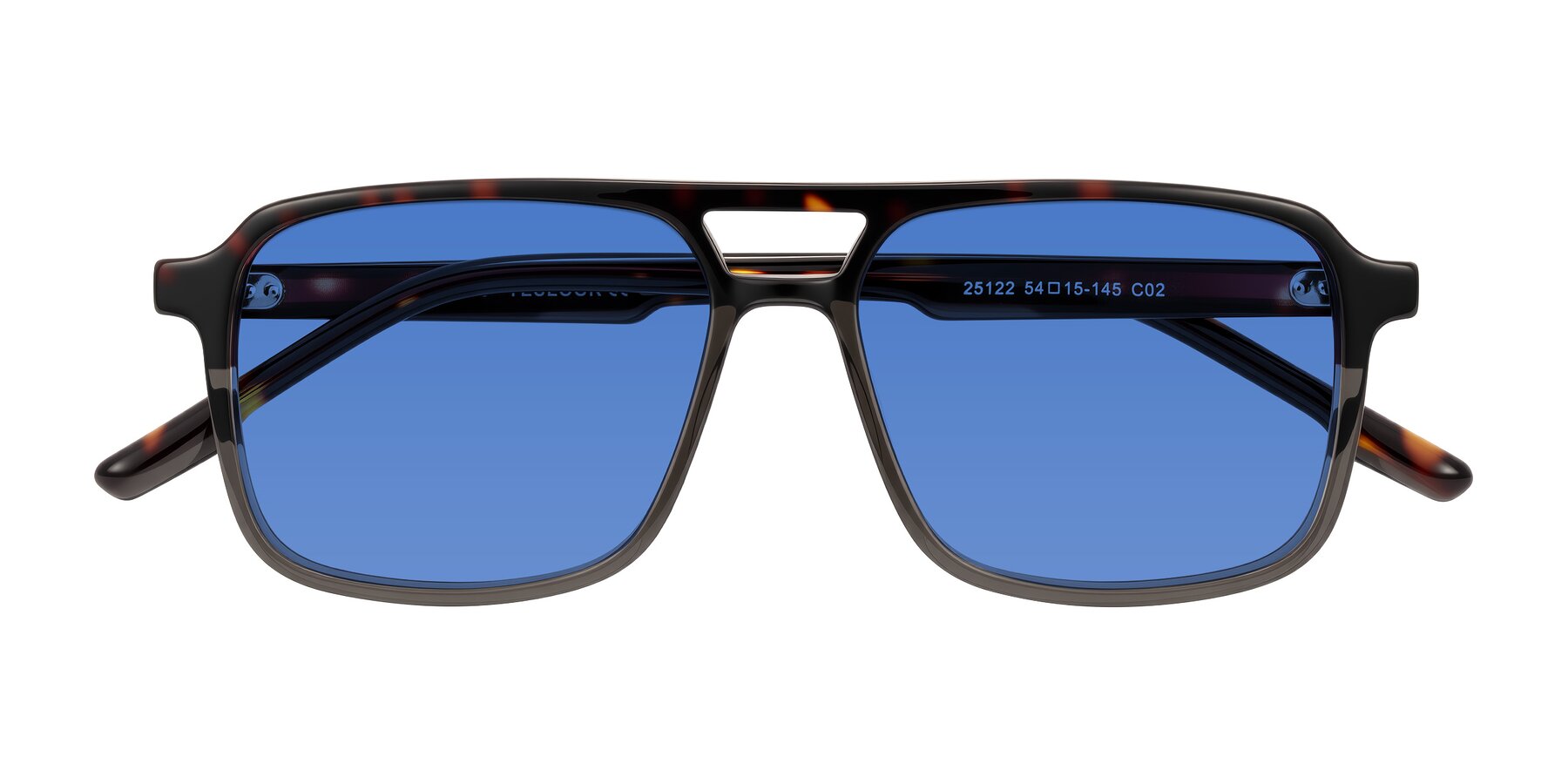 Folded Front of Shawano in Tortoise/Transparent Gray with Blue Tinted Lenses