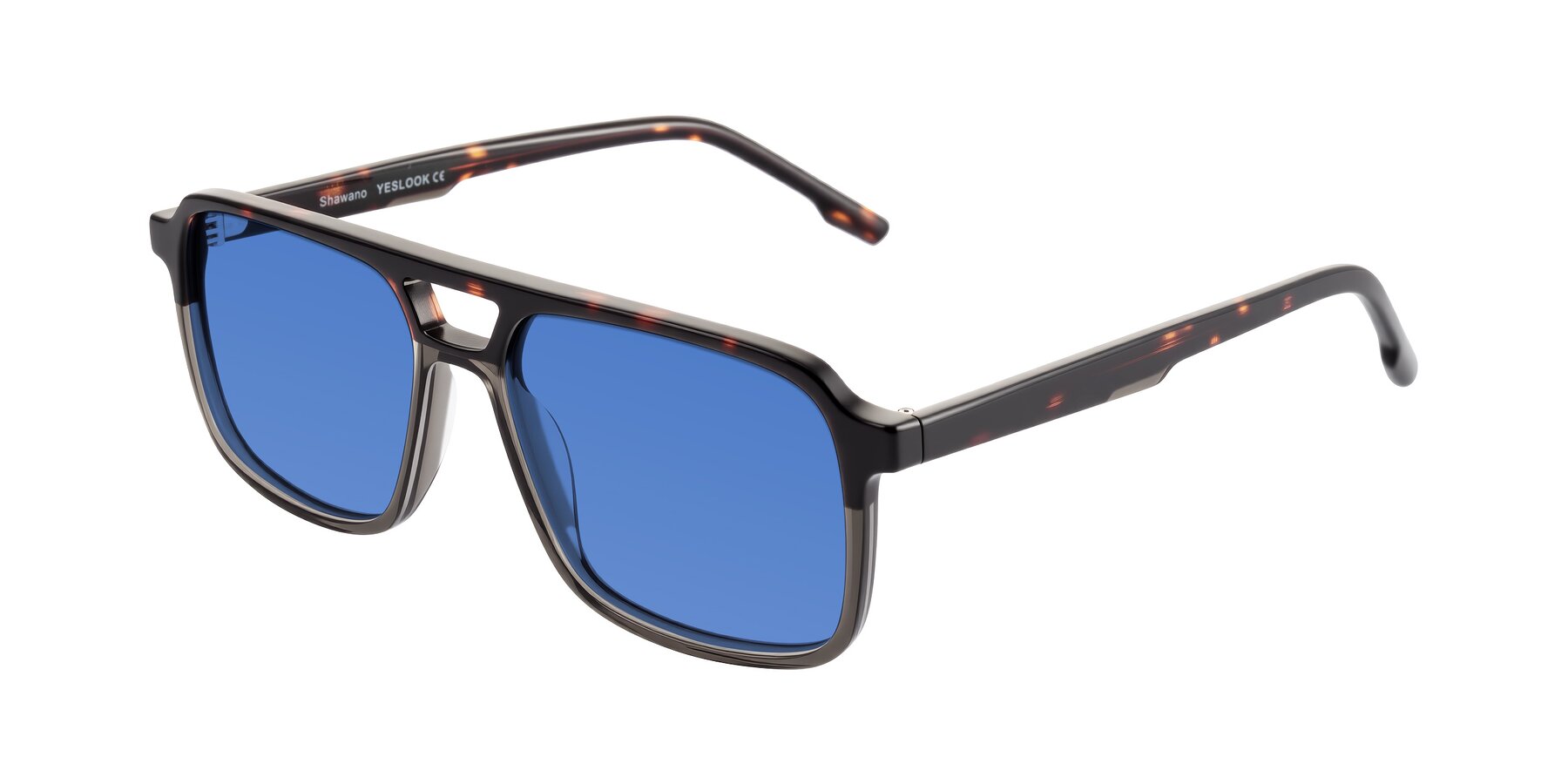Angle of Shawano in Tortoise/Transparent Gray with Blue Tinted Lenses