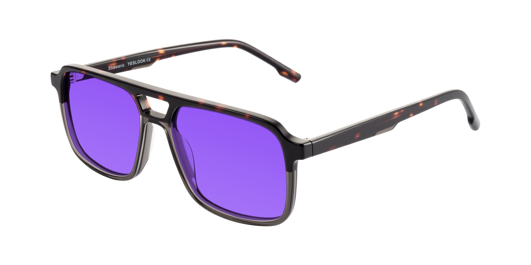 Angle of Shawano in Tortoise/Transparent Gray with Purple Tinted Lenses
