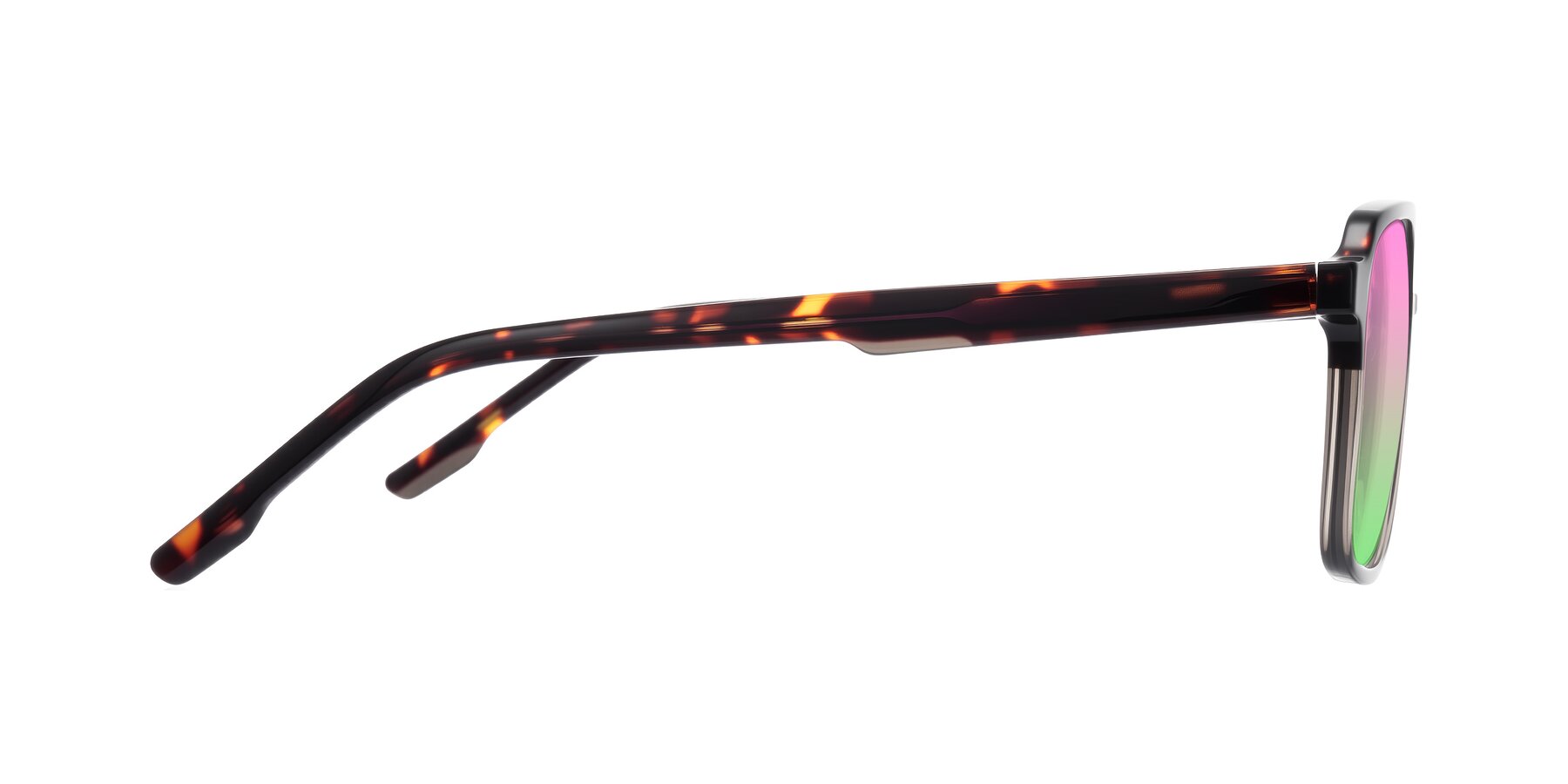 Side of Shawano in Tortoise/Transparent Gray with Pink / Green Gradient Lenses