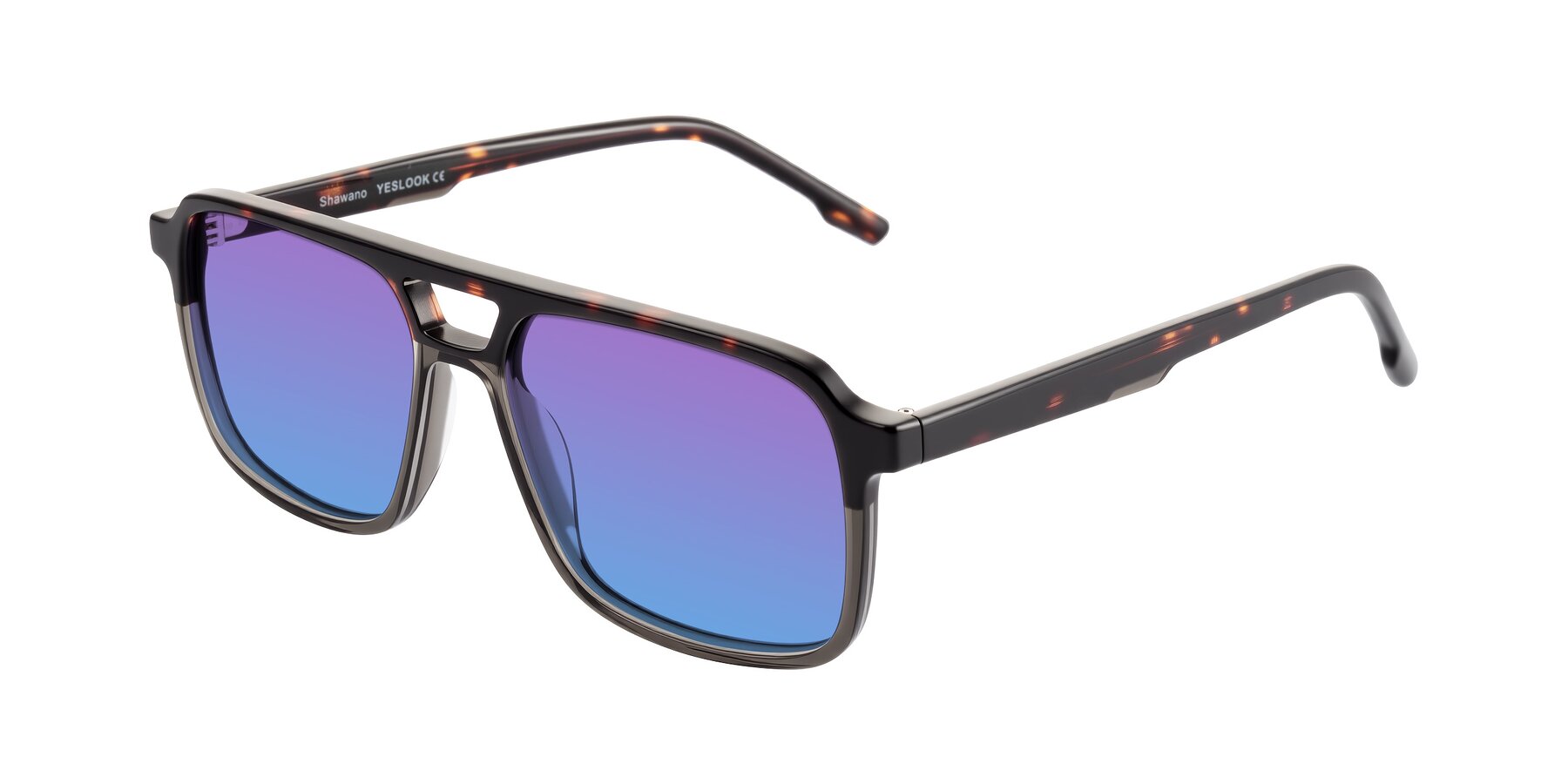 Angle of Shawano in Tortoise/Transparent Gray with Purple / Blue Gradient Lenses