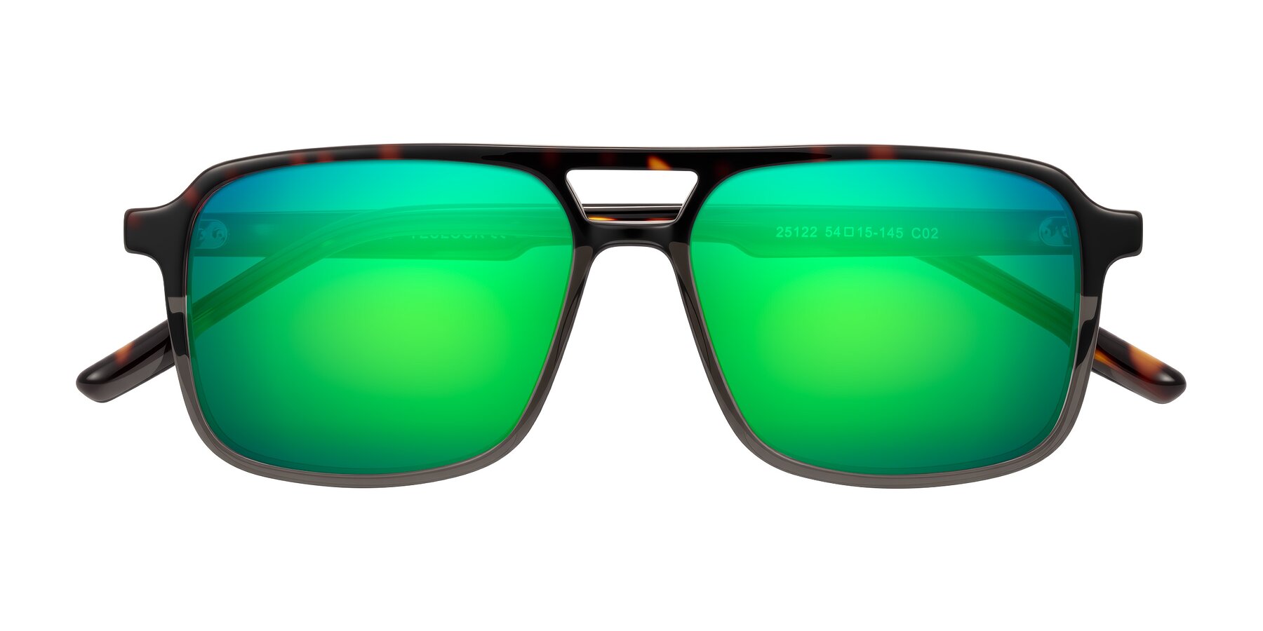 Folded Front of Shawano in Tortoise/Transparent Gray with Green Mirrored Lenses