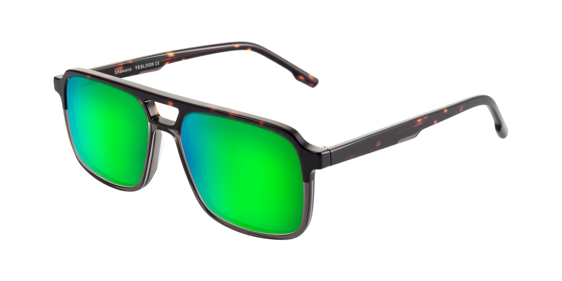 Angle of Shawano in Tortoise/Transparent Gray with Green Mirrored Lenses