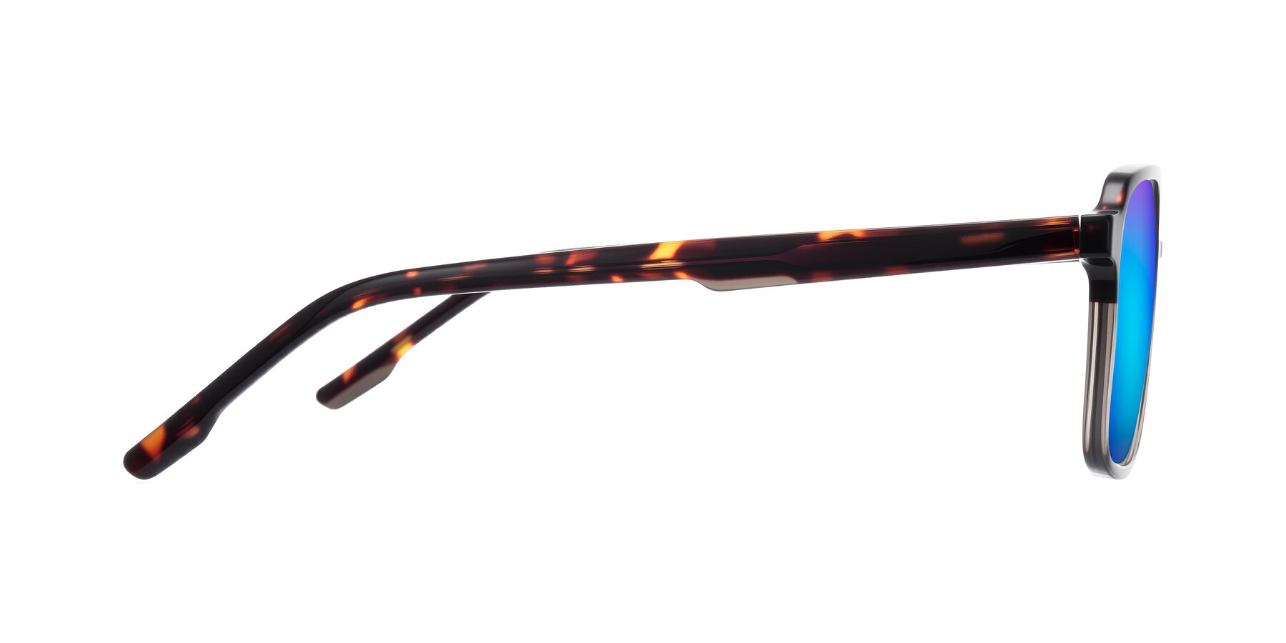 Side of Shawano in Tortoise/Transparent Gray with Blue Mirrored Lenses