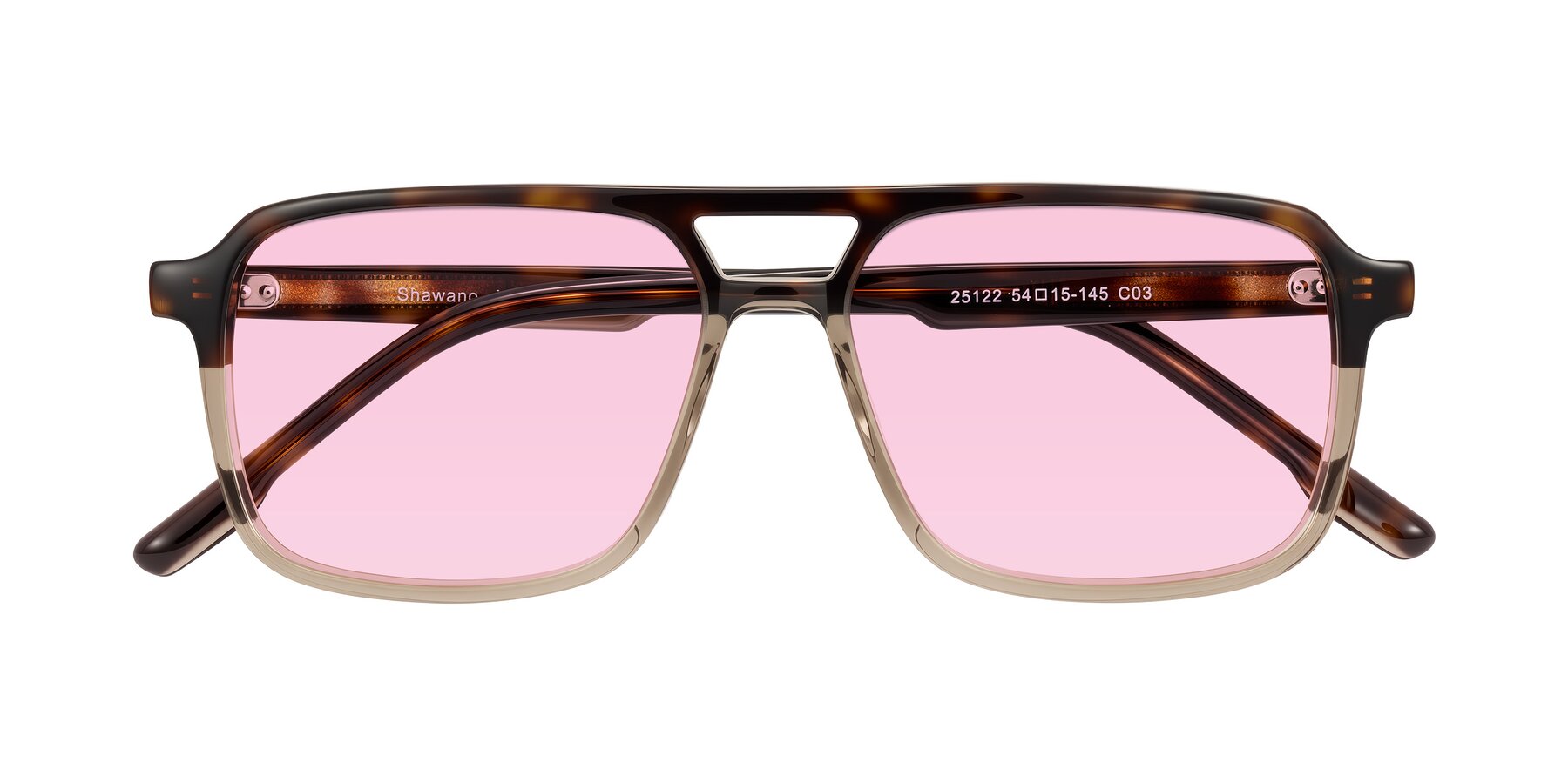 Folded Front of Shawano in Tortoise/Transparent Brown with Light Pink Tinted Lenses