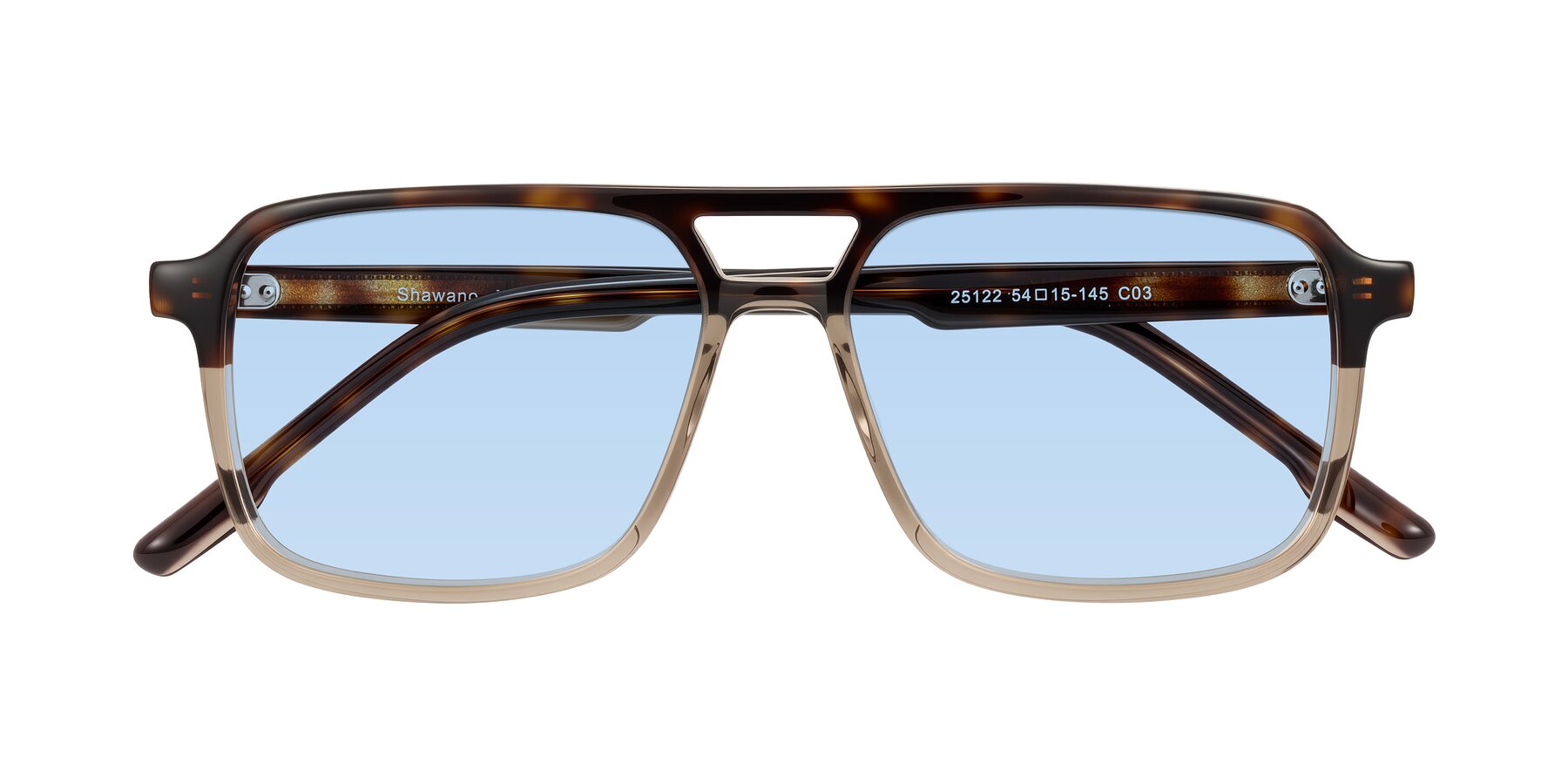 Folded Front of Shawano in Tortoise/Transparent Brown with Light Blue Tinted Lenses
