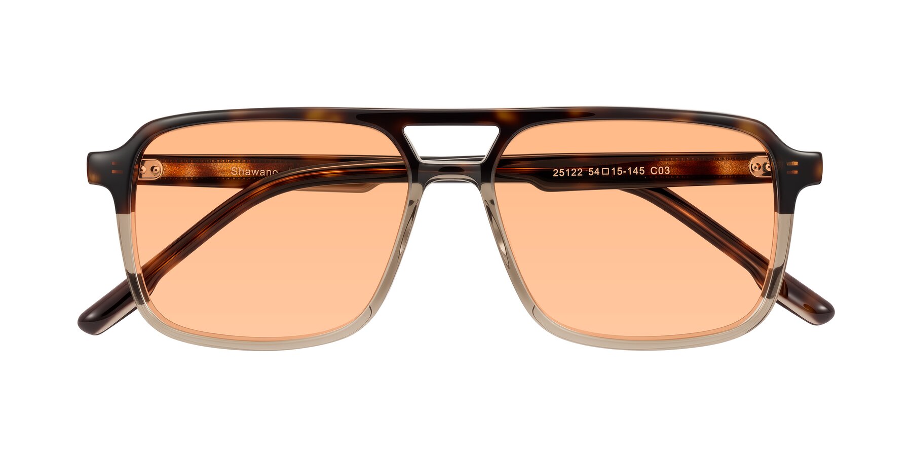 Folded Front of Shawano in Tortoise/Transparent Brown with Light Orange Tinted Lenses