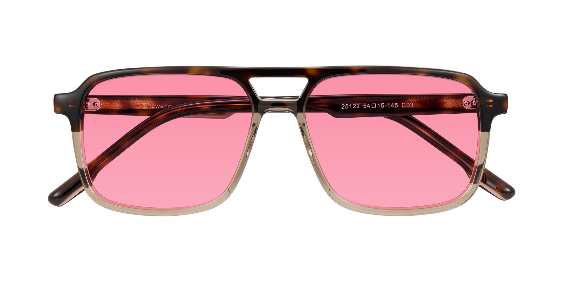 Folded Front of Shawano in Tortoise/Transparent Brown with Pink Tinted Lenses