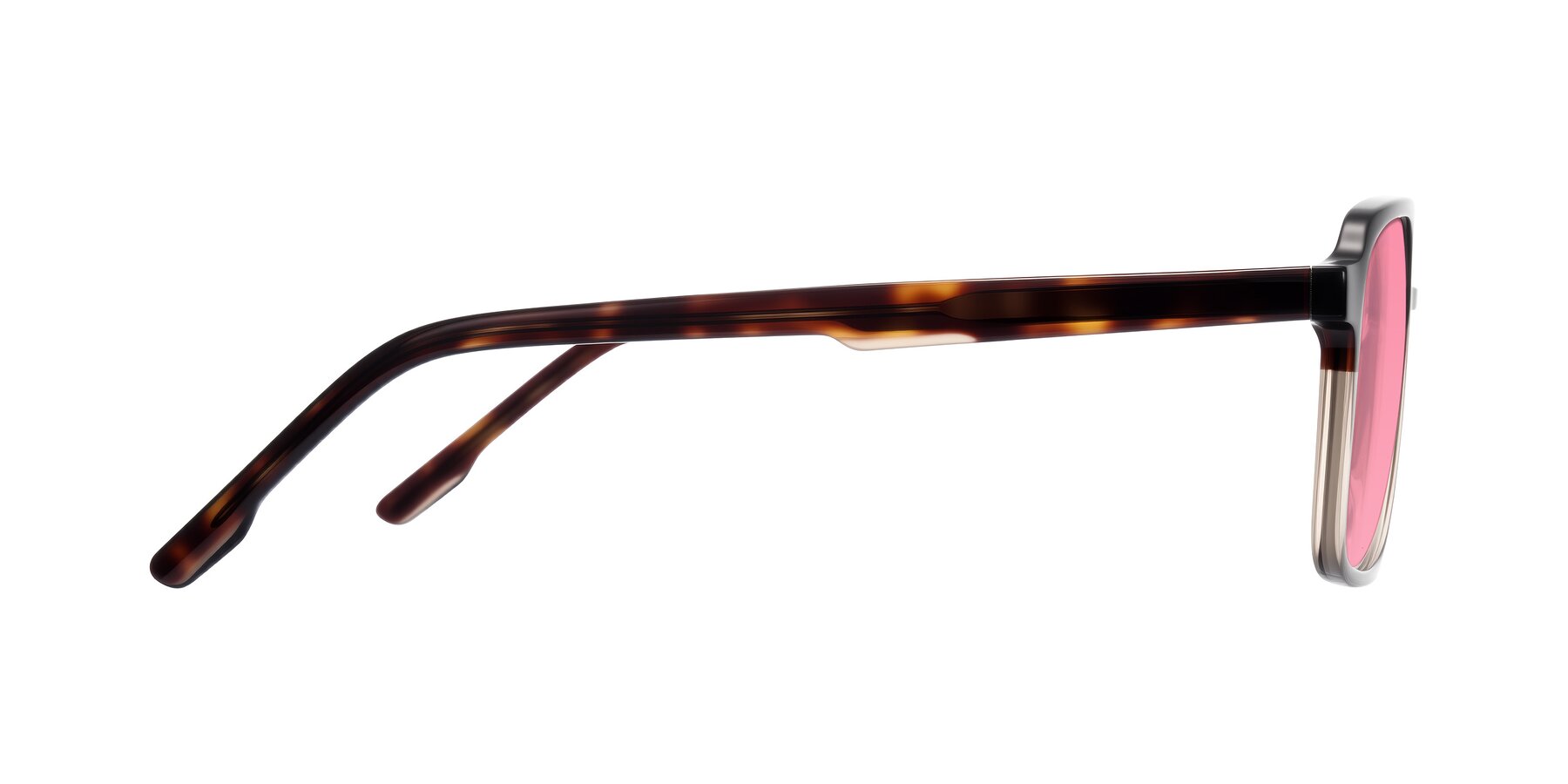 Side of Shawano in Tortoise/Transparent Brown with Pink Tinted Lenses