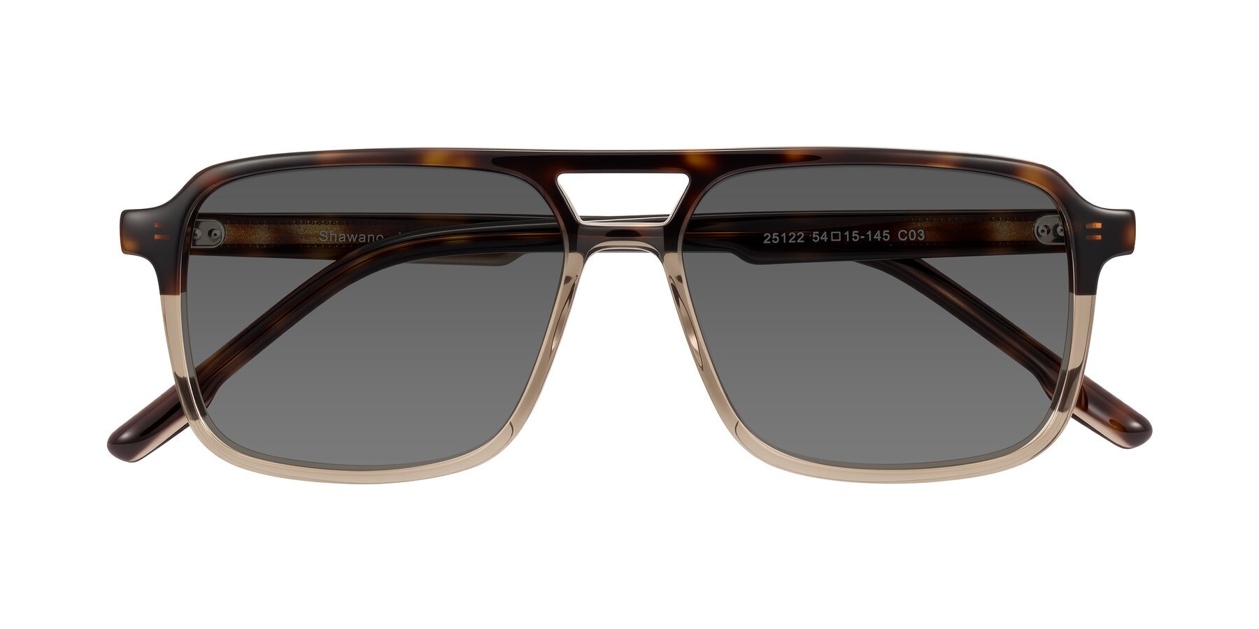 Folded Front of Shawano in Tortoise/Transparent Brown with Medium Gray Tinted Lenses