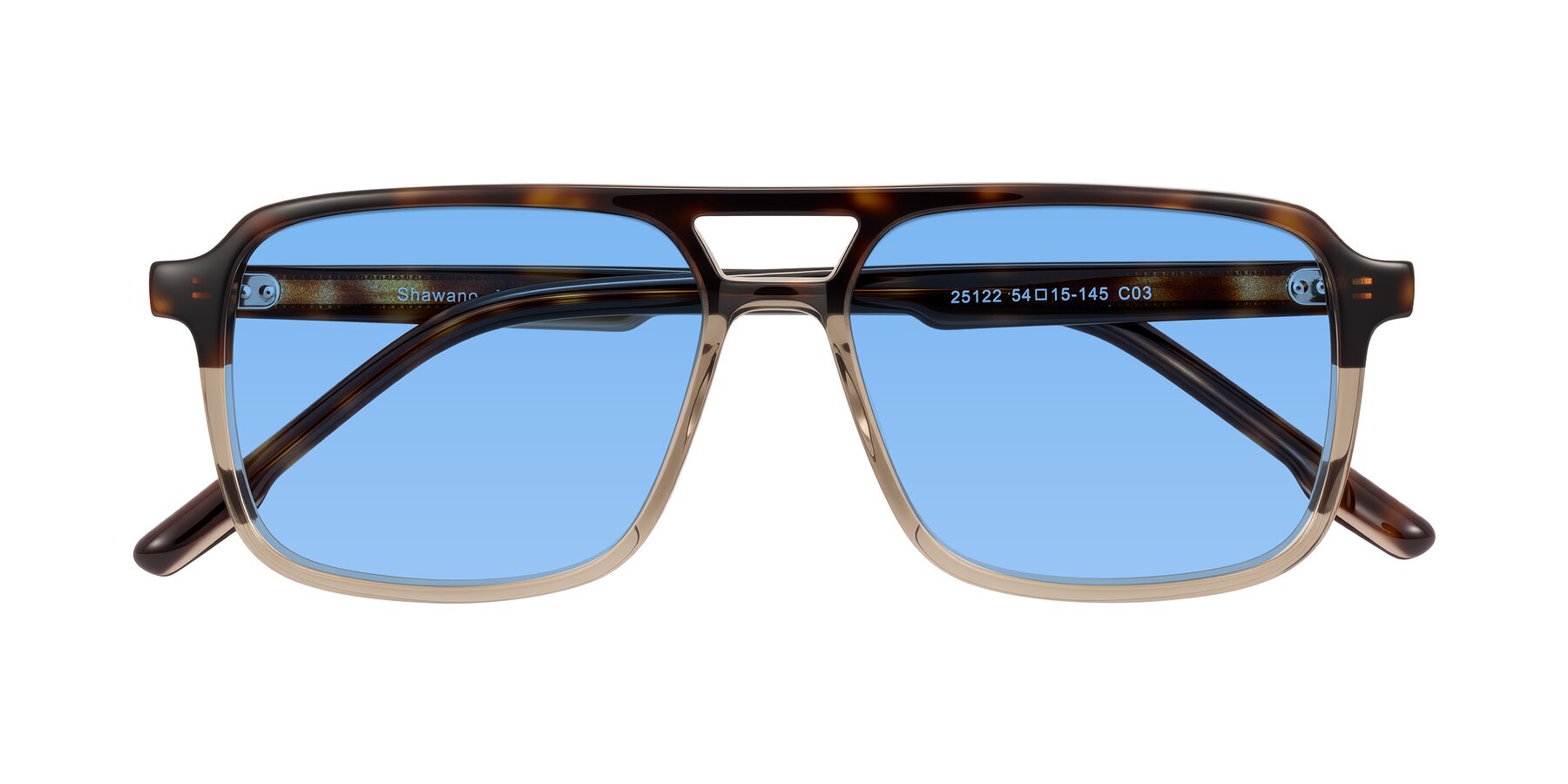 Folded Front of Shawano in Tortoise/Transparent Brown with Medium Blue Tinted Lenses