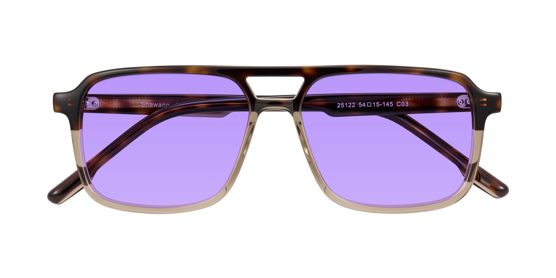 Folded Front of Shawano in Tortoise/Transparent Brown with Medium Purple Tinted Lenses
