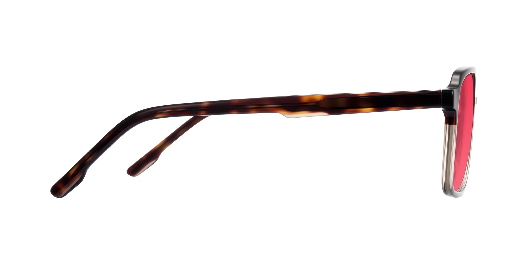 Side of Shawano in Tortoise/Transparent Brown with Red Tinted Lenses