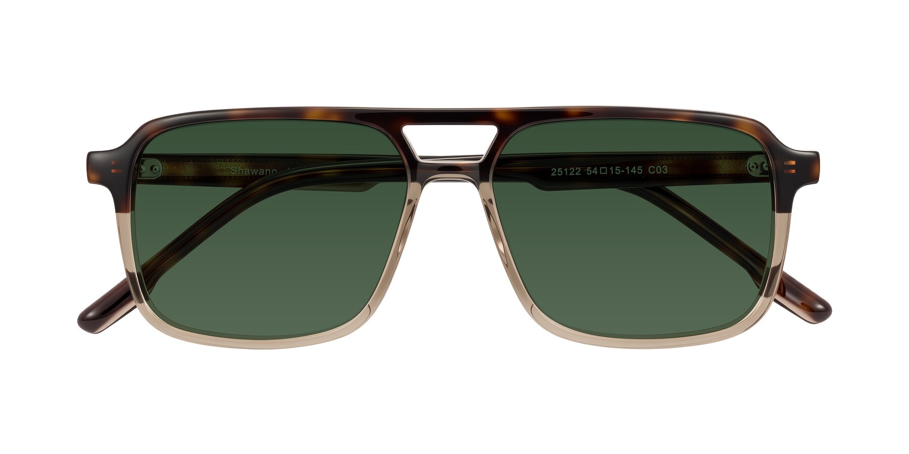 Folded Front of Shawano in Tortoise/Transparent Brown with Green Tinted Lenses