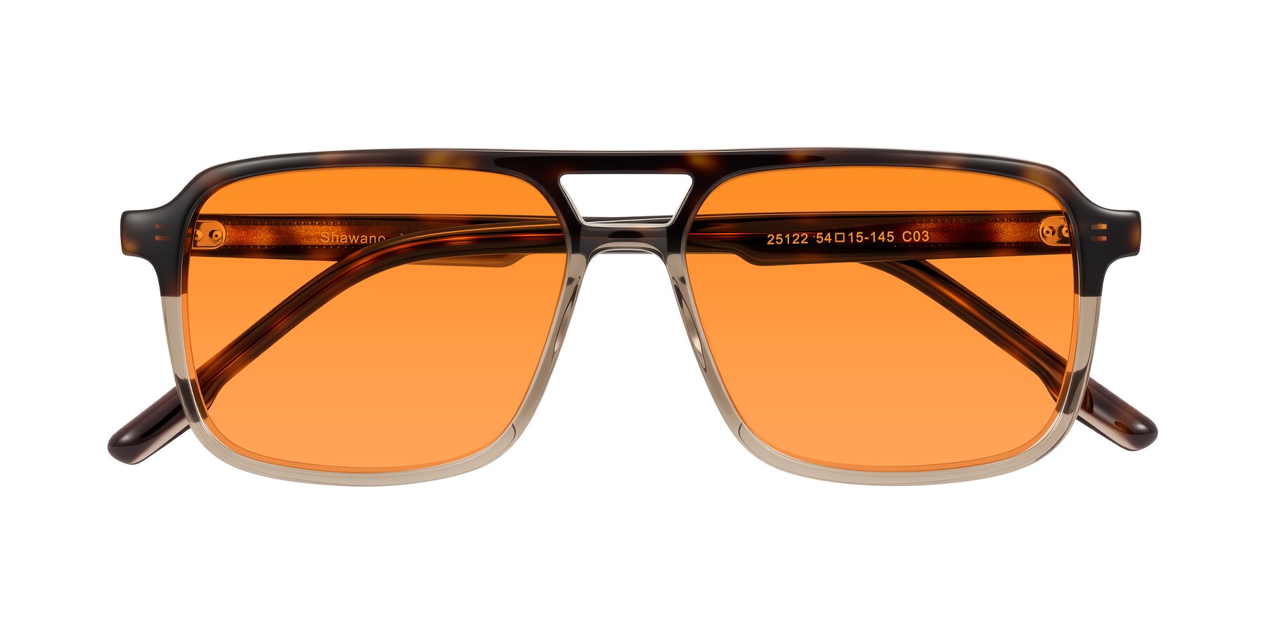 Folded Front of Shawano in Tortoise/Transparent Brown with Orange Tinted Lenses