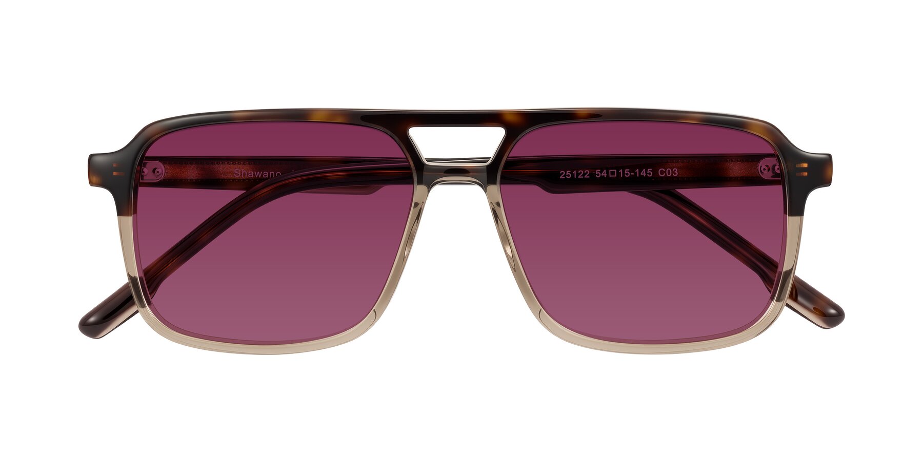 Folded Front of Shawano in Tortoise/Transparent Brown with Wine Tinted Lenses