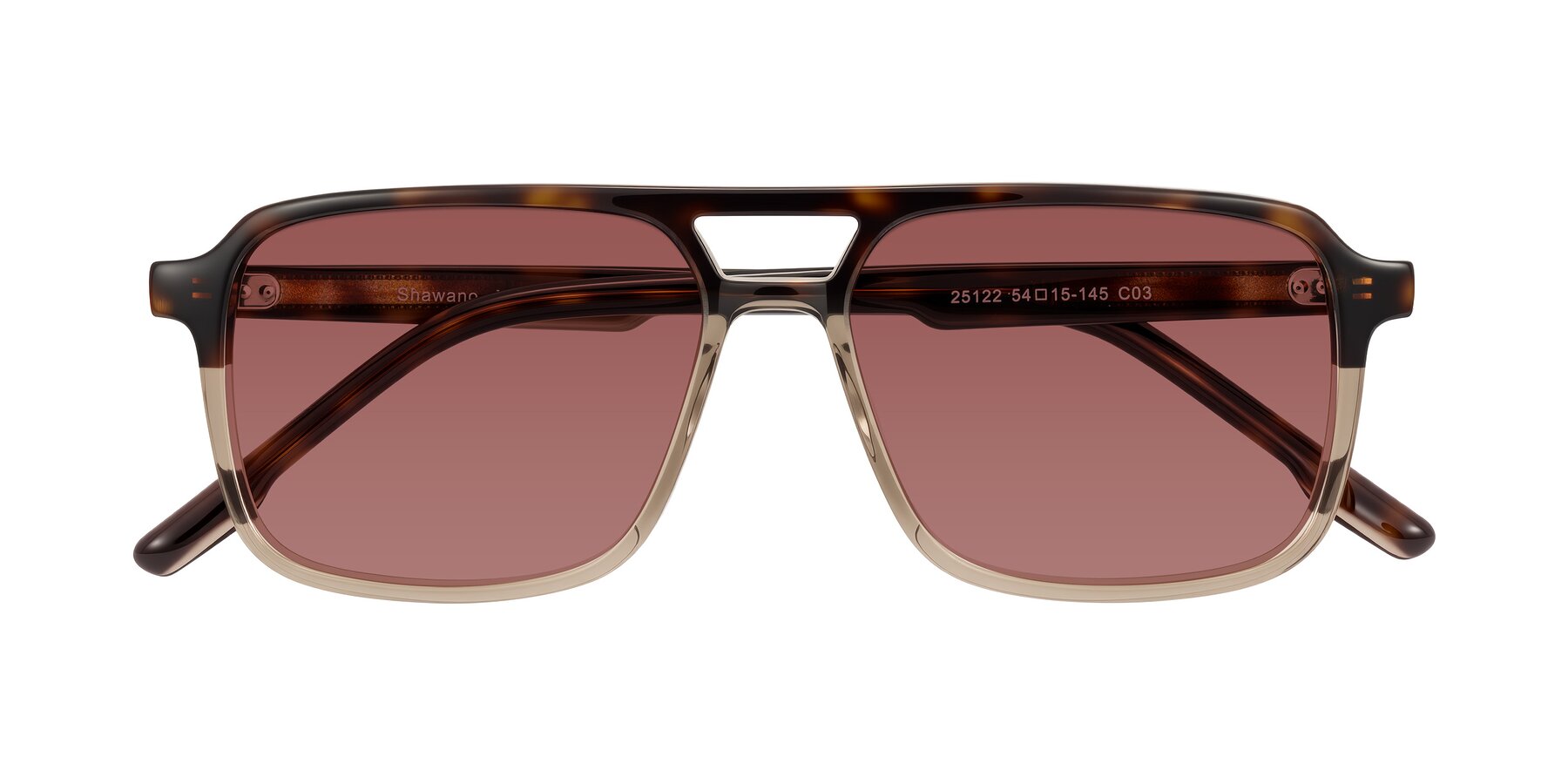 Folded Front of Shawano in Tortoise/Transparent Brown with Garnet Tinted Lenses