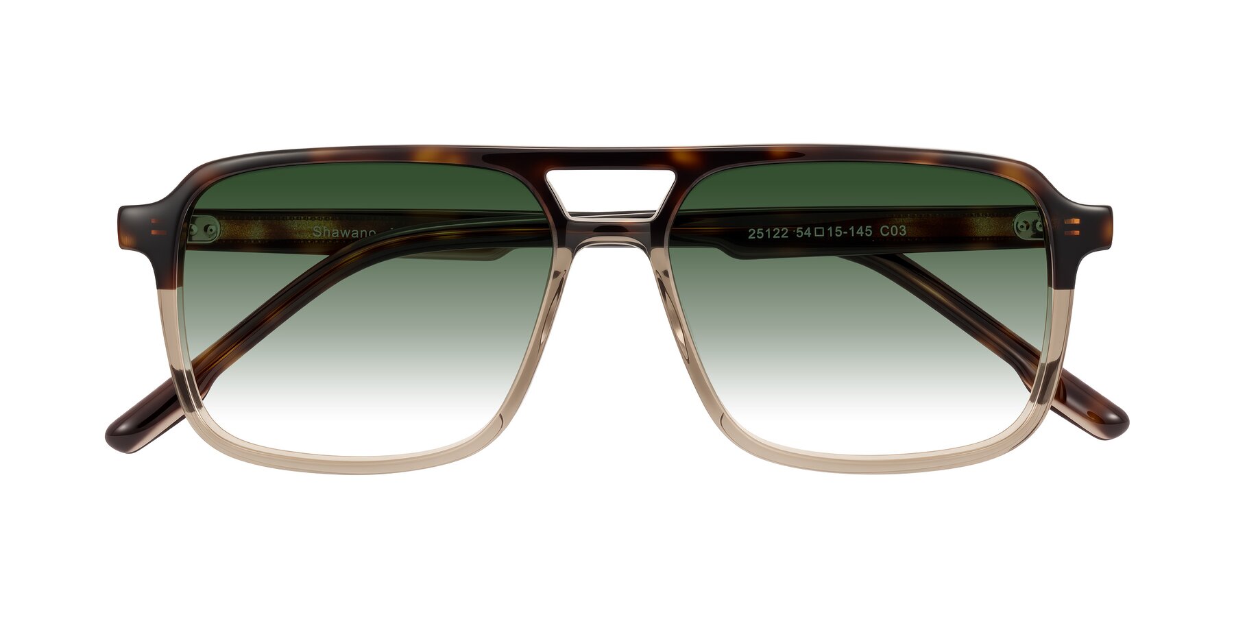 Folded Front of Shawano in Tortoise/Transparent Brown with Green Gradient Lenses