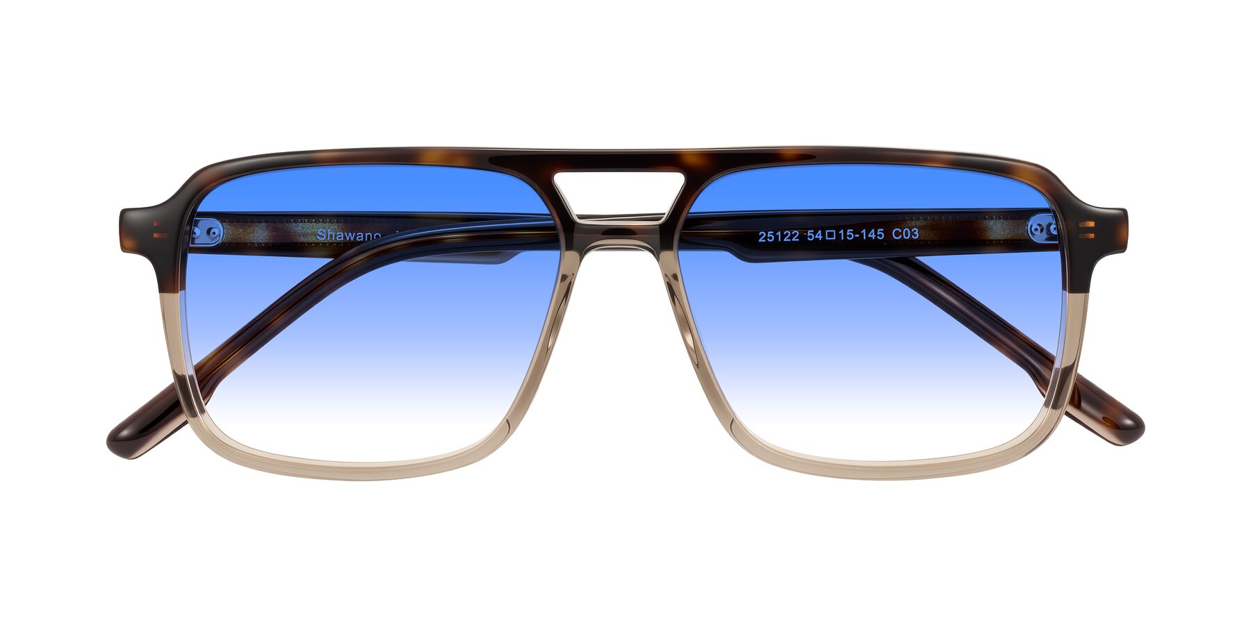 Folded Front of Shawano in Tortoise/Transparent Brown with Blue Gradient Lenses