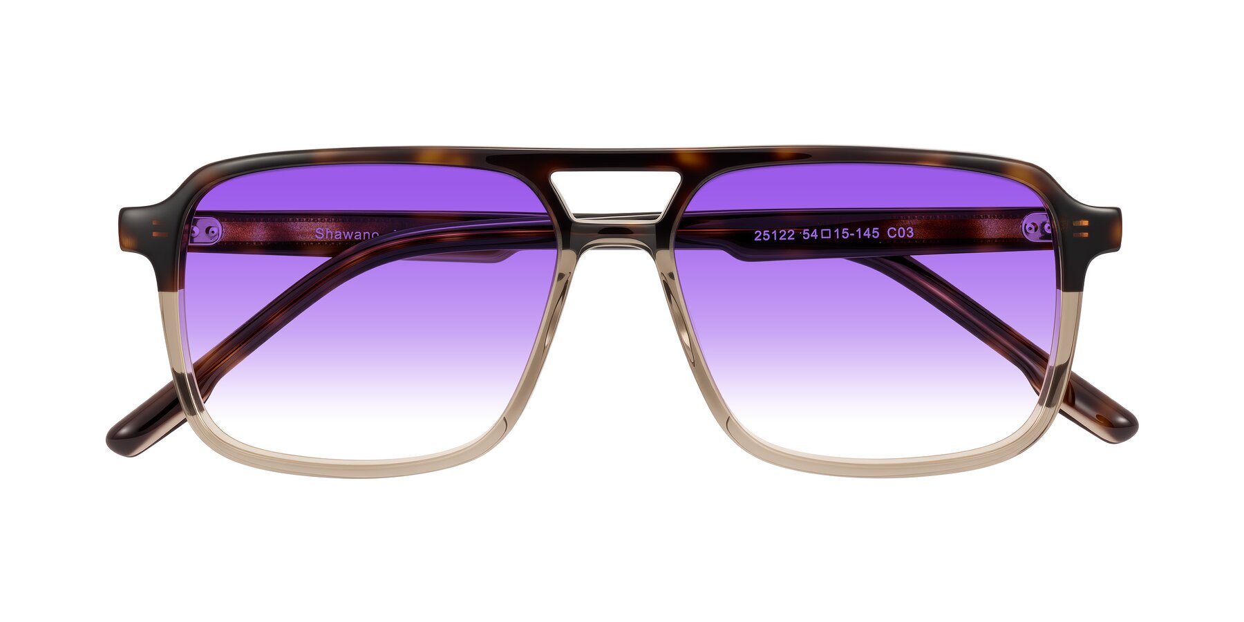 Folded Front of Shawano in Tortoise/Transparent Brown with Purple Gradient Lenses