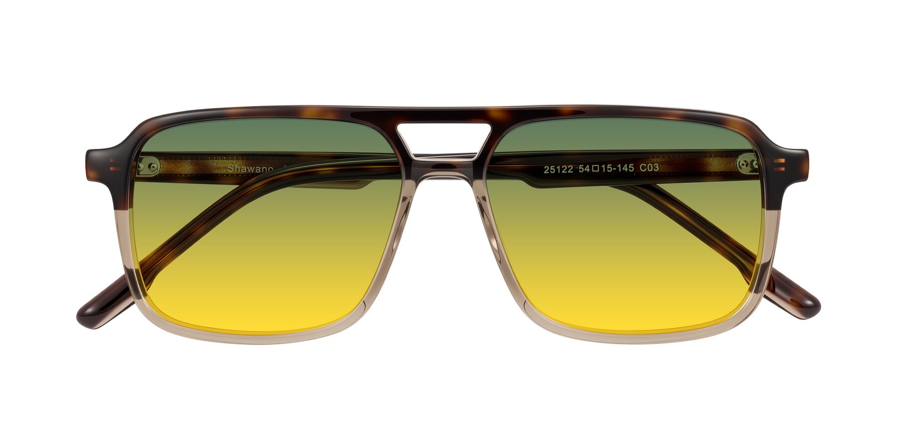 Folded Front of Shawano in Tortoise/Transparent Brown with Green / Yellow Gradient Lenses