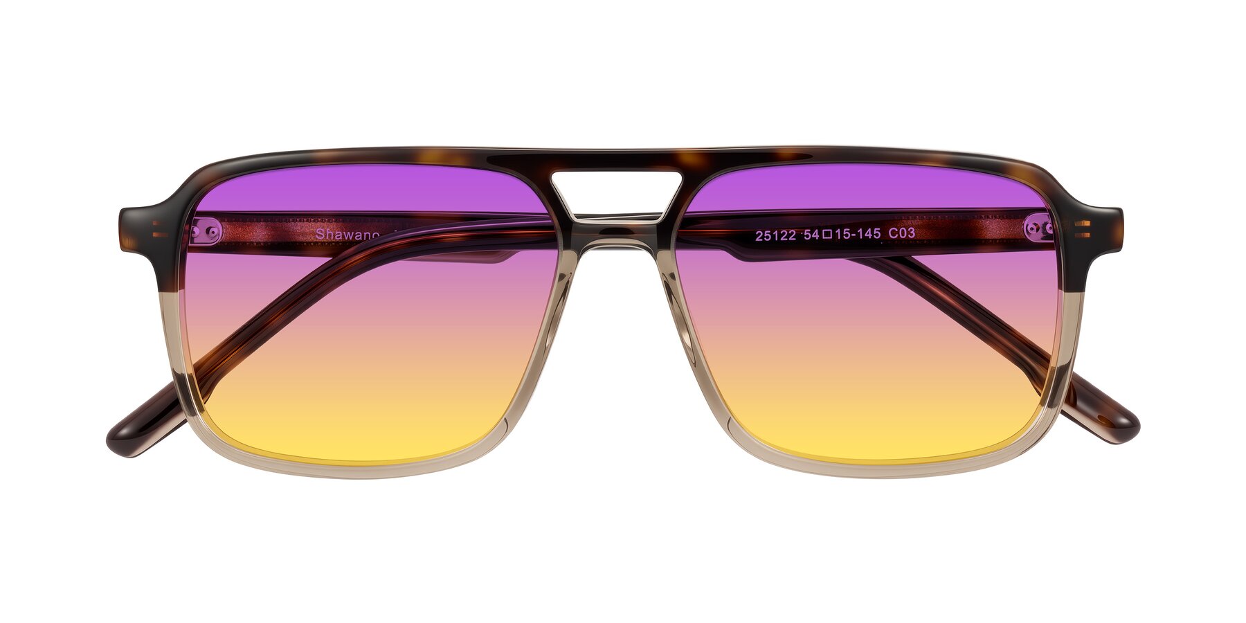 Folded Front of Shawano in Tortoise/Transparent Brown with Purple / Yellow Gradient Lenses