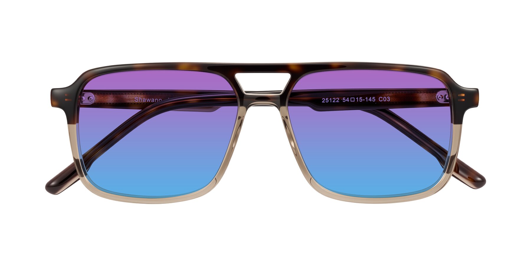 Folded Front of Shawano in Tortoise/Transparent Brown with Purple / Blue Gradient Lenses