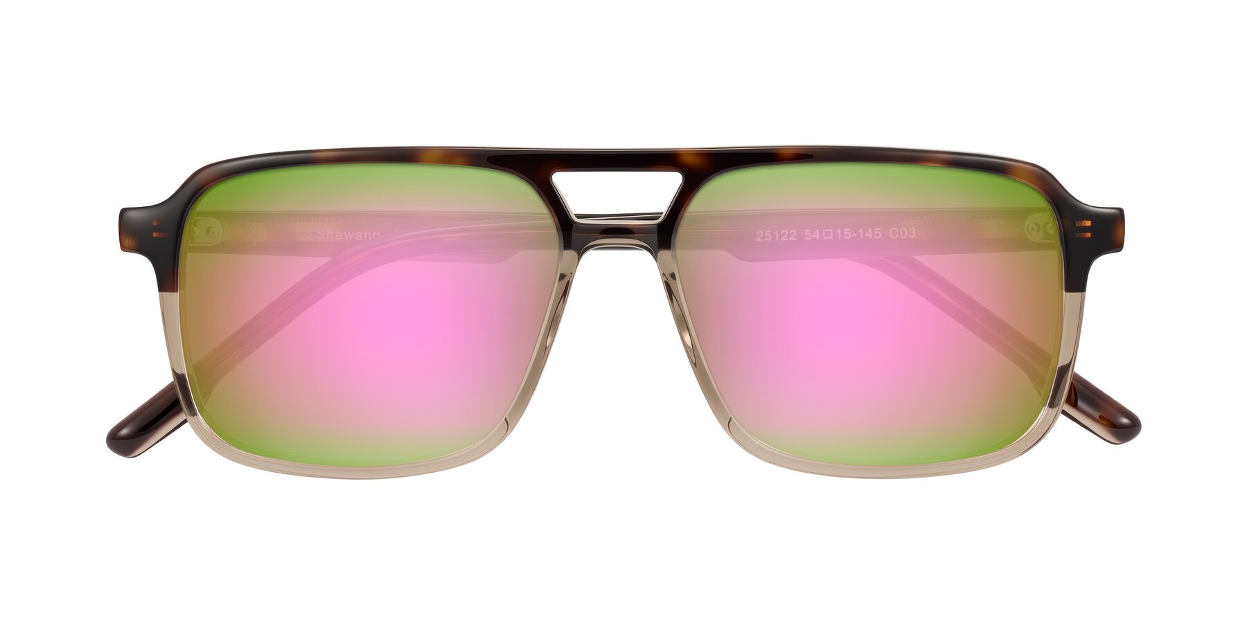Folded Front of Shawano in Tortoise/Transparent Brown with Pink Mirrored Lenses