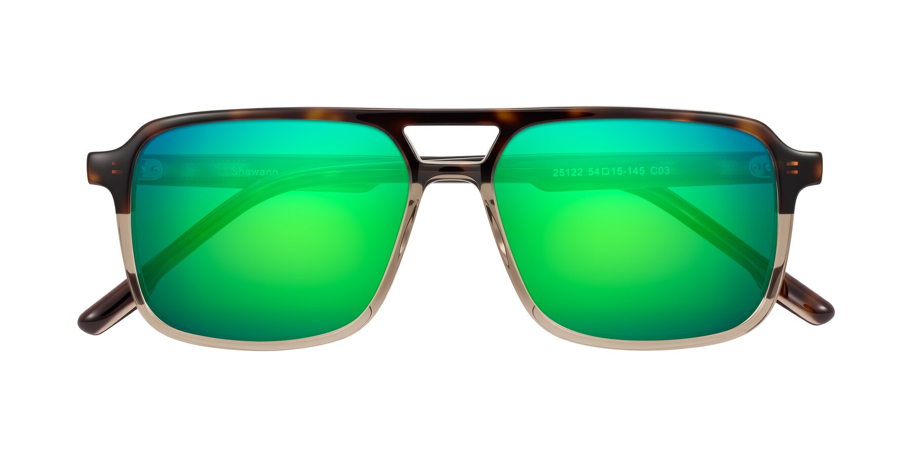 Folded Front of Shawano in Tortoise/Transparent Brown with Green Mirrored Lenses
